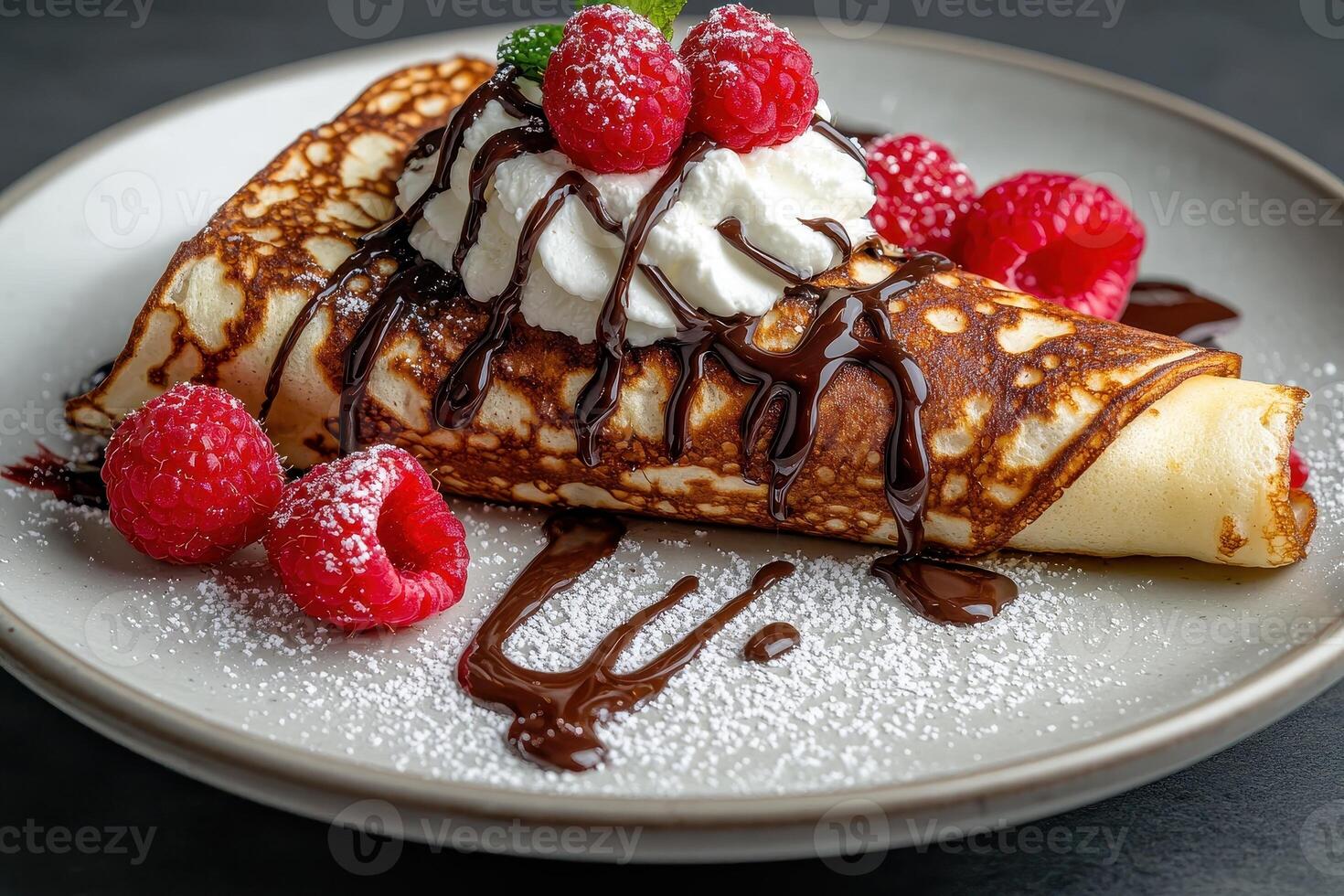 Delicious crepe with chocolate sauce, whipped cream, and raspberries photo