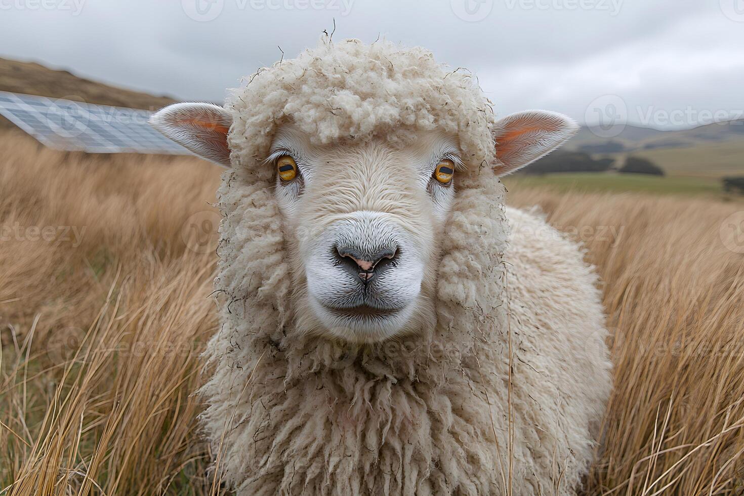Curious Sheep in Countryside Landscape with Renewable Energy Theme photo