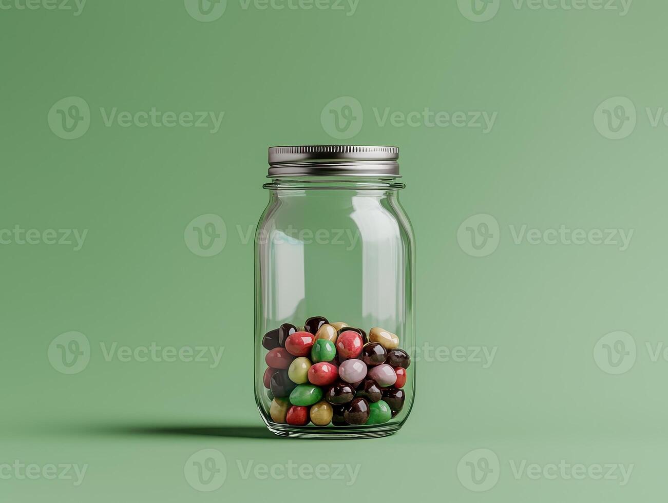 a glass jar filled with colorful candies on a green background photo