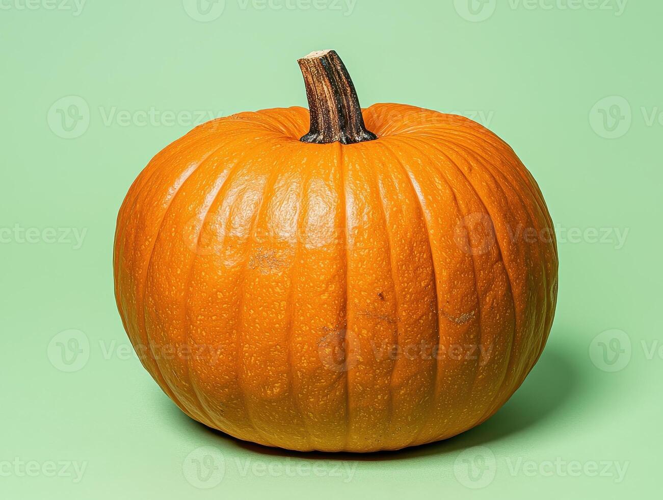 Single ripe orange pumpkin on green background photo