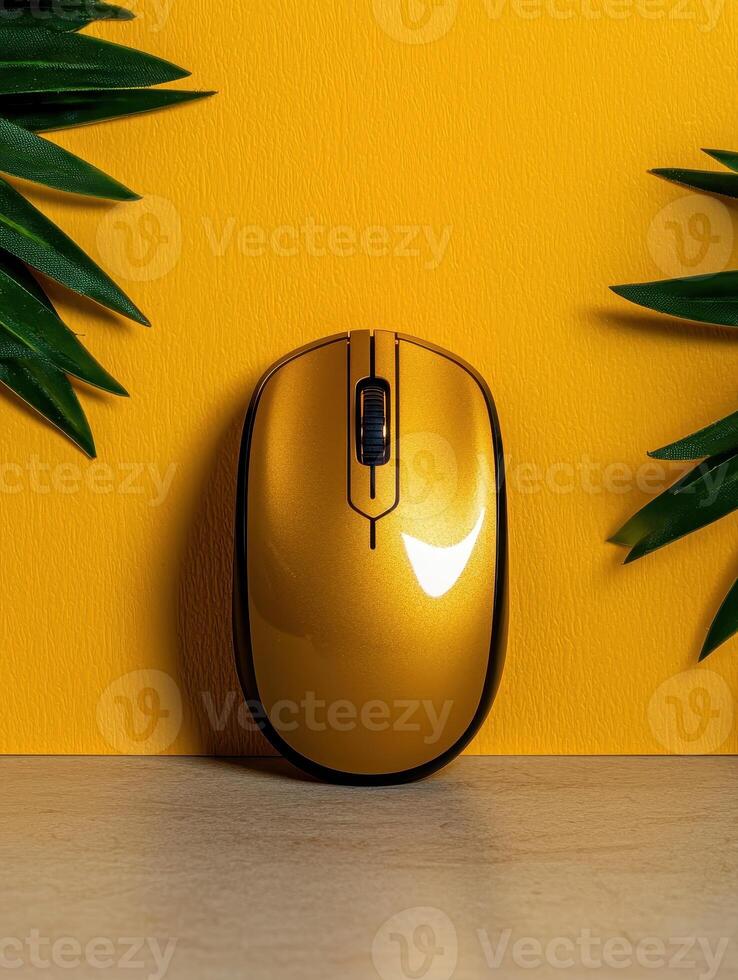 Golden wireless computer mouse on yellow background with tropical leaves photo