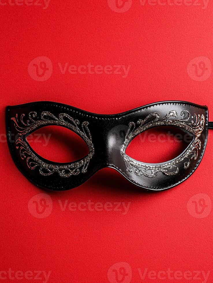 a black and silver mask on a red background photo