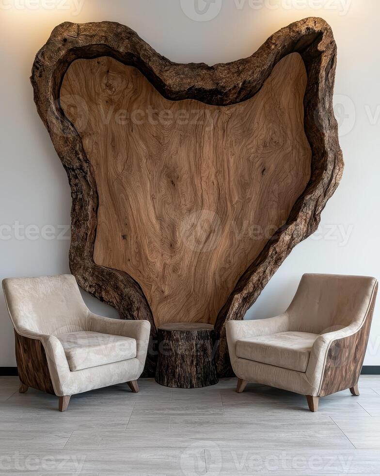 Two beige armchairs face a large, rustic wood wall art piece in a modern living room photo