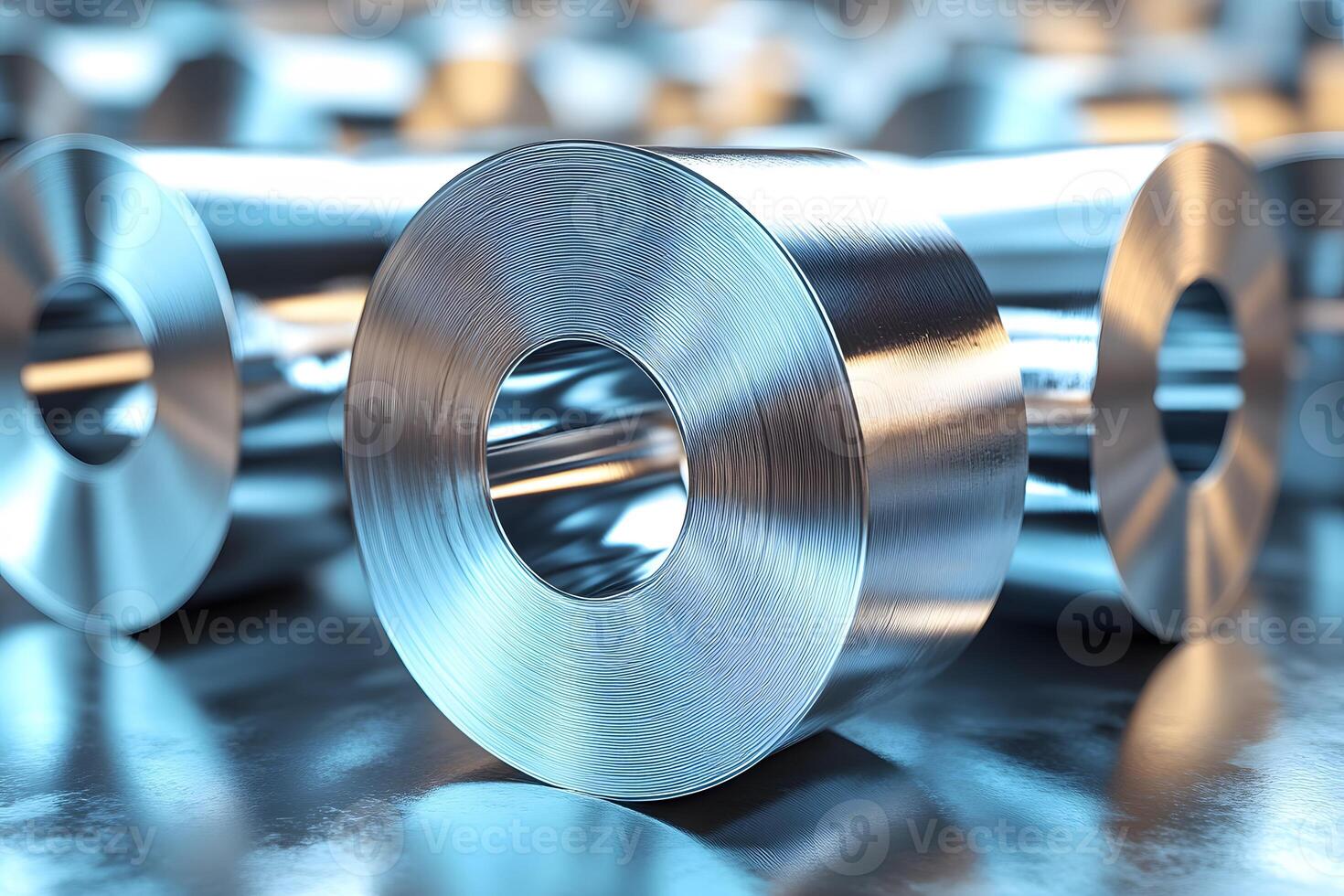 Shiny Steel Coils in Industrial Warehouse - Metallic Texture for Manufacturing and Design photo