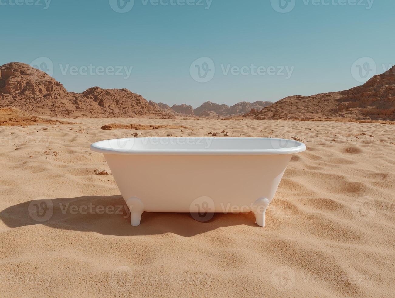 a bathtub in the desert with sand and mountains photo