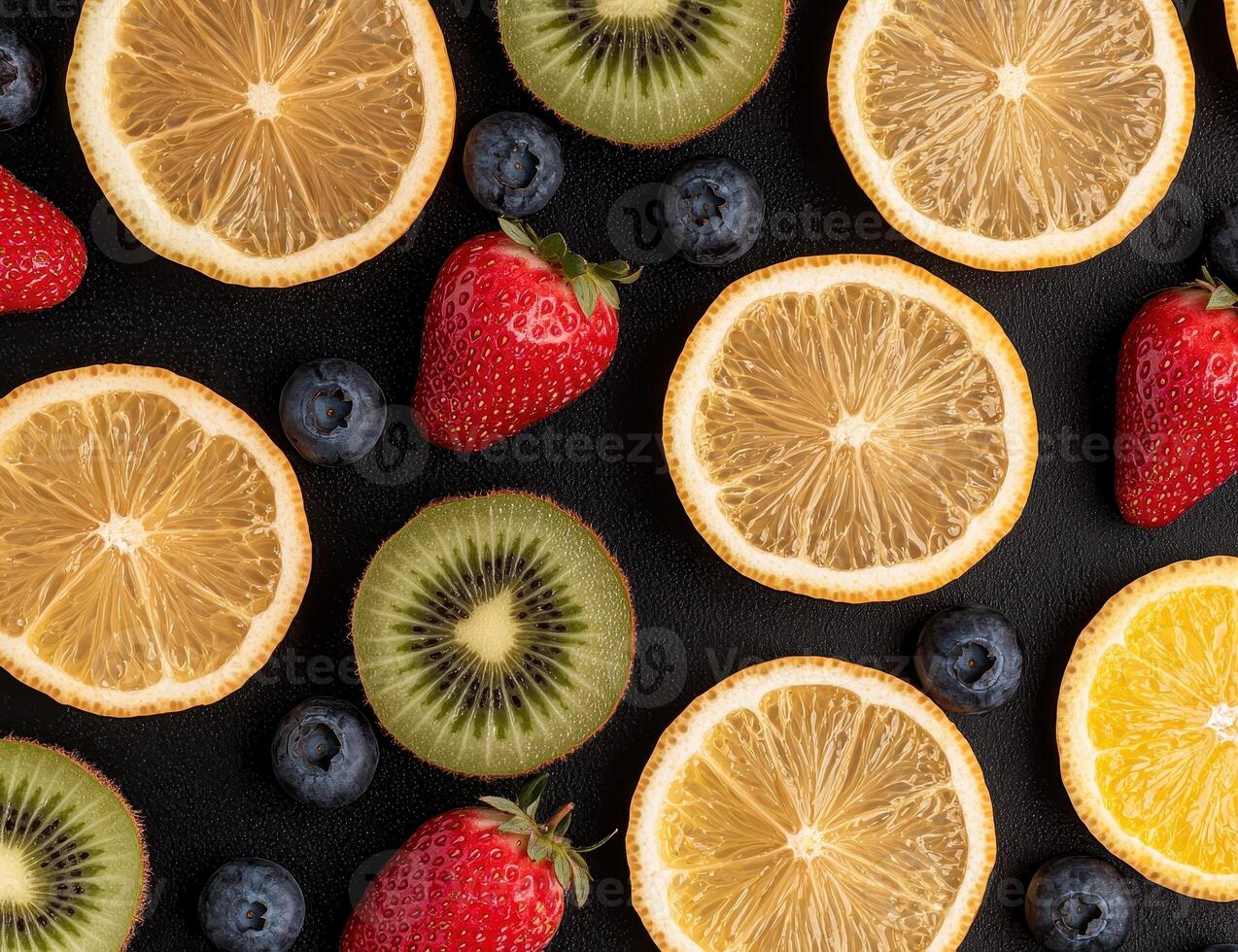 Flatlay of colorful fruit slices and berries on a dark background photo