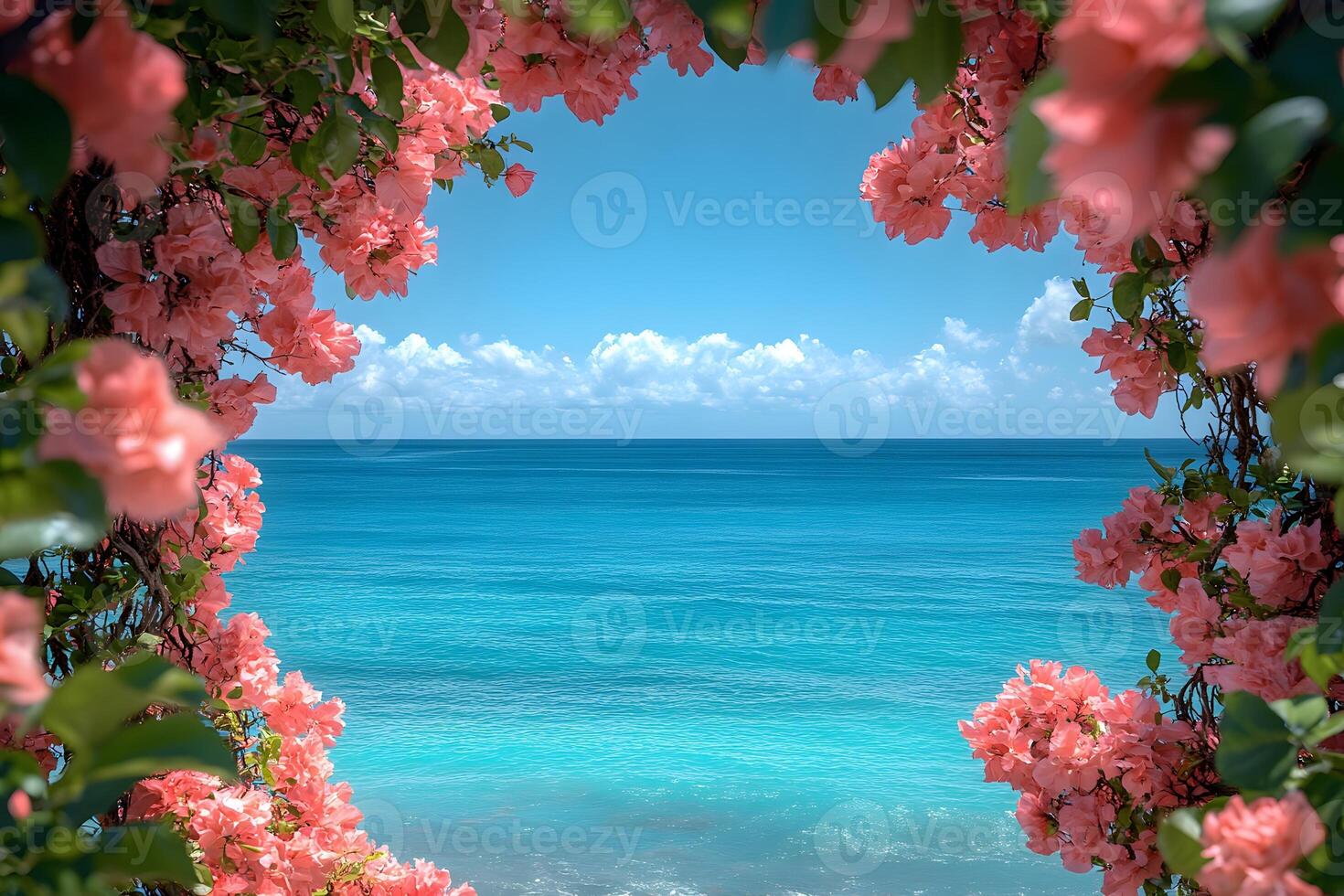Tranquil Ocean View Framed by Pink Bougainvillea Flowers on a Sunny Day photo