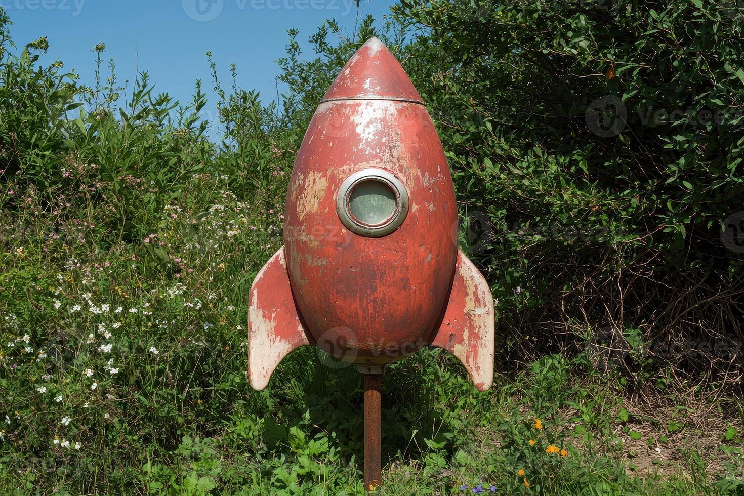 Rustic red rocket ship in a field of wildflowers photo