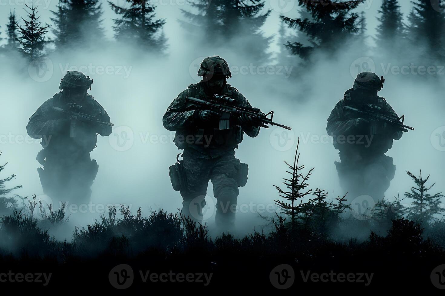 Military Operation in Foggy Forest - Silhouetted Soldiers on Tactical Mission photo
