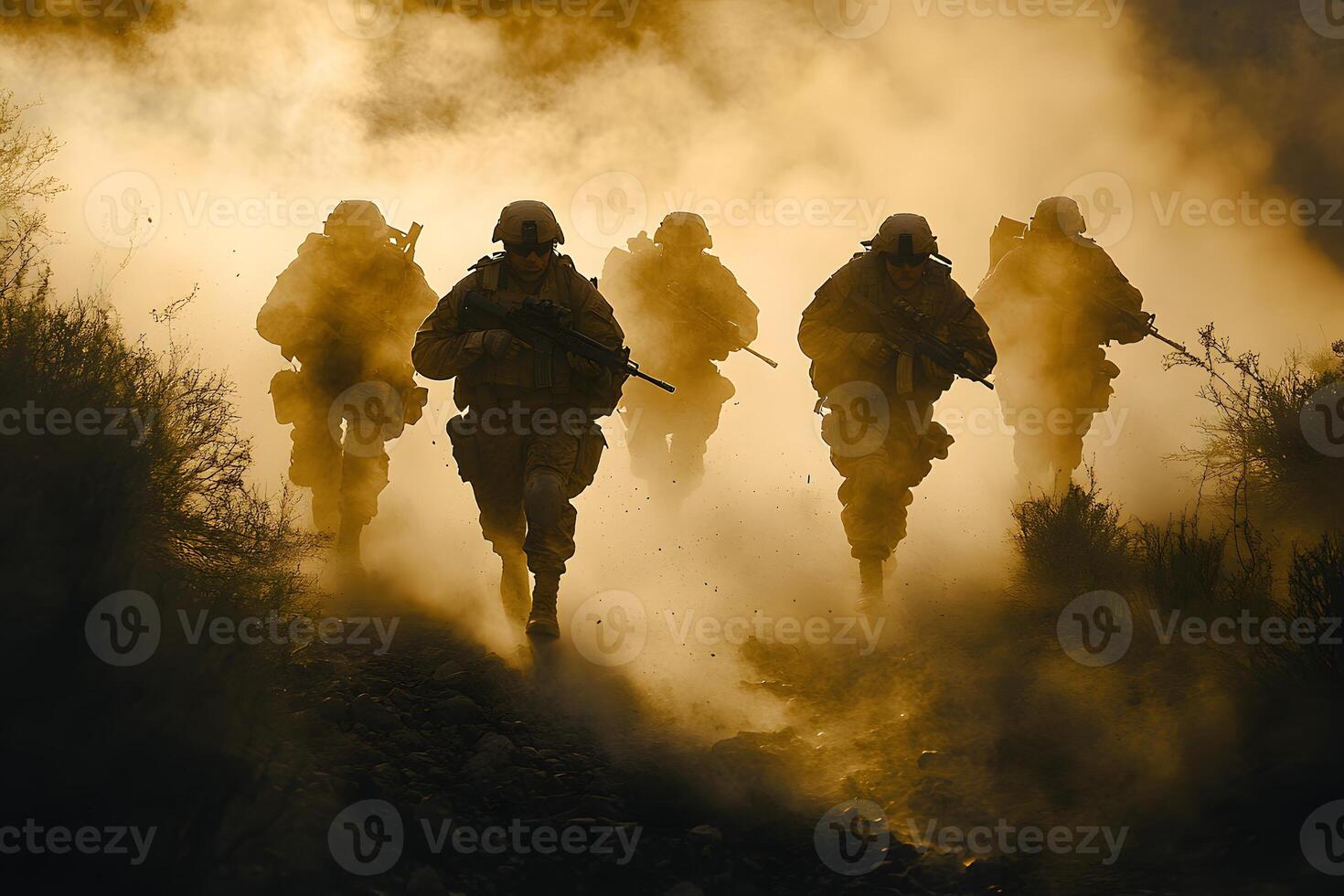 Soldiers in Action Dynamic Military Patrol in Dusty Terrain photo