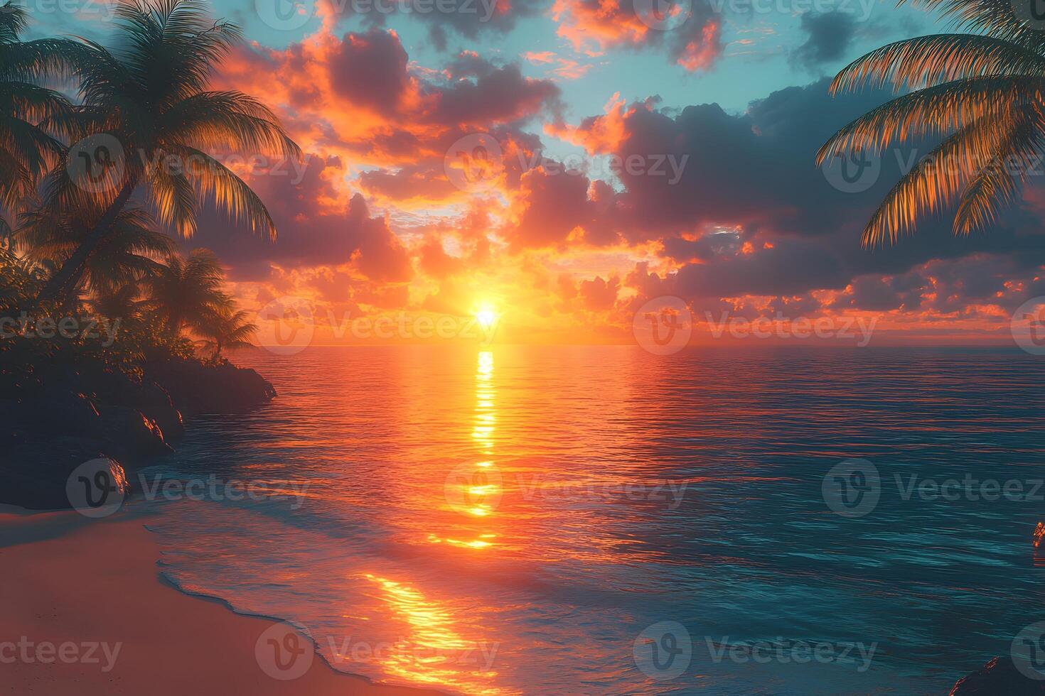 Tranquil Tropical Sunset on a Palm-Fringed Beach - Perfect for Inspiration and Relaxation Themes photo