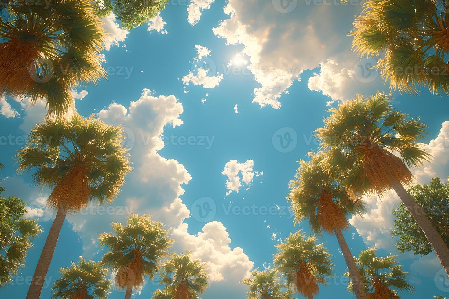 Summer Sky and Palm Trees Under Fluffy Clouds Serene Tropical Landscape for Posters photo