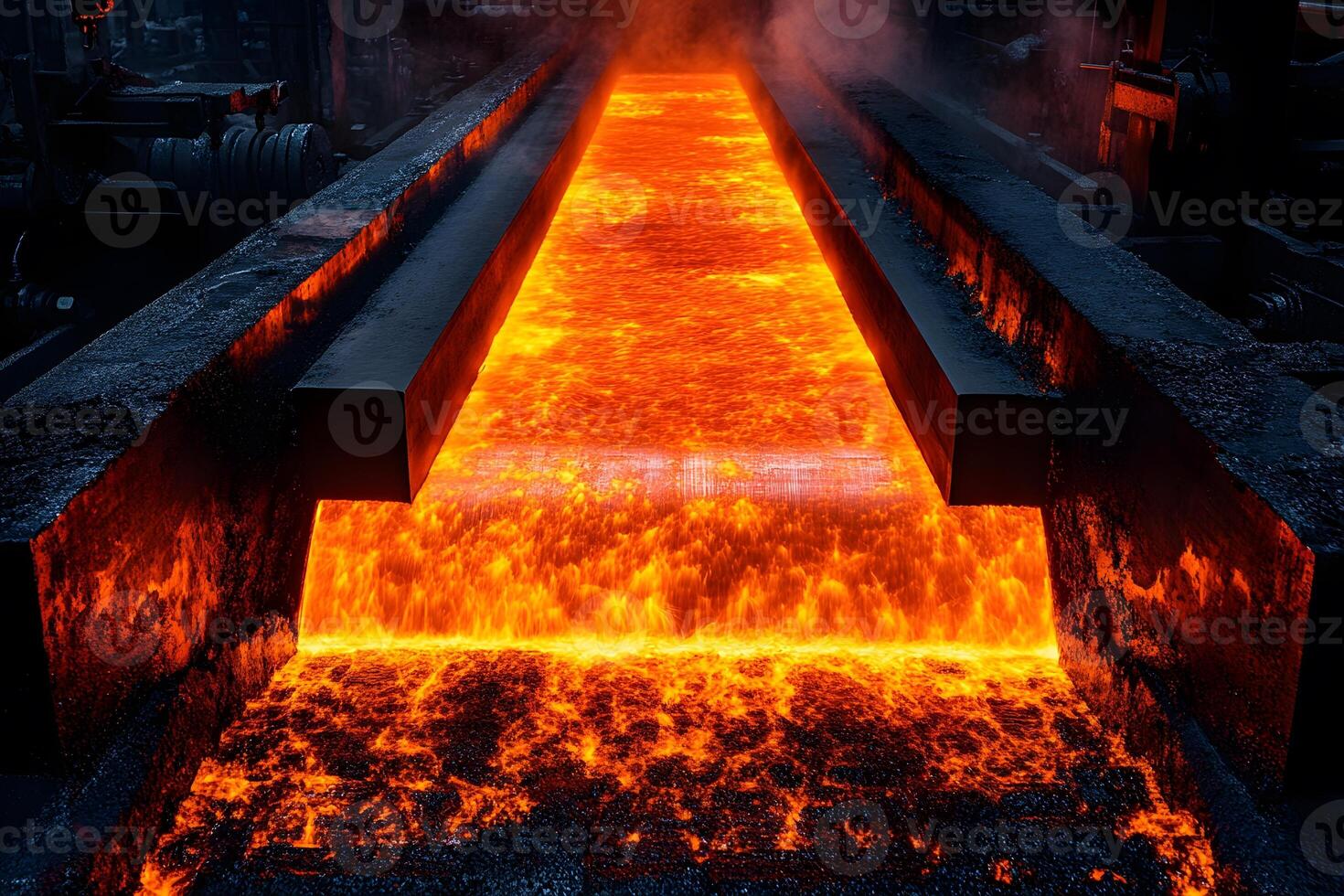 Molten Metal Flow in Industrial Foundry - Heat and Steel Production Process photo