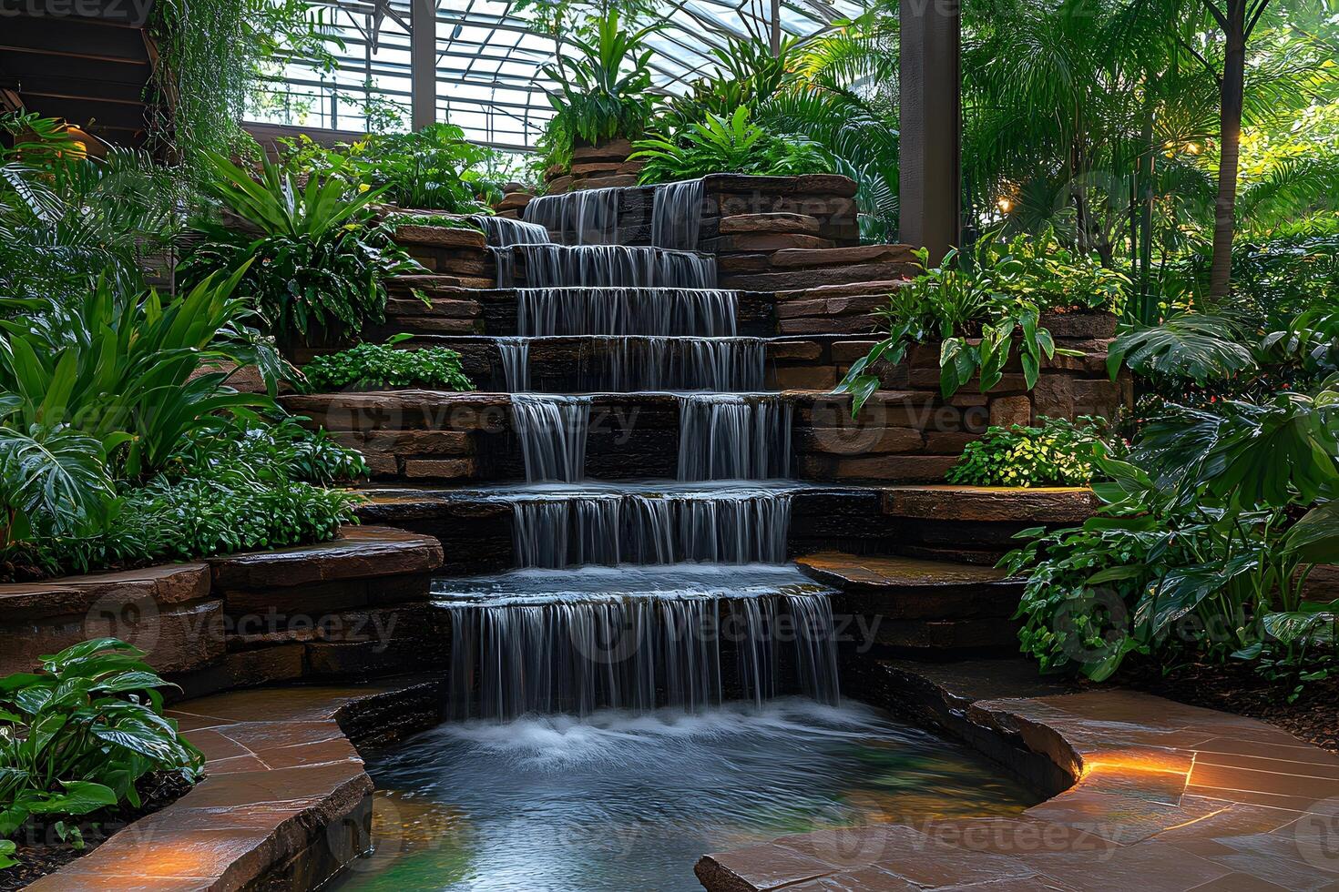 Tranquil Indoor Waterfall in Lush Botanical Garden Setting for Nature Relaxation Print photo