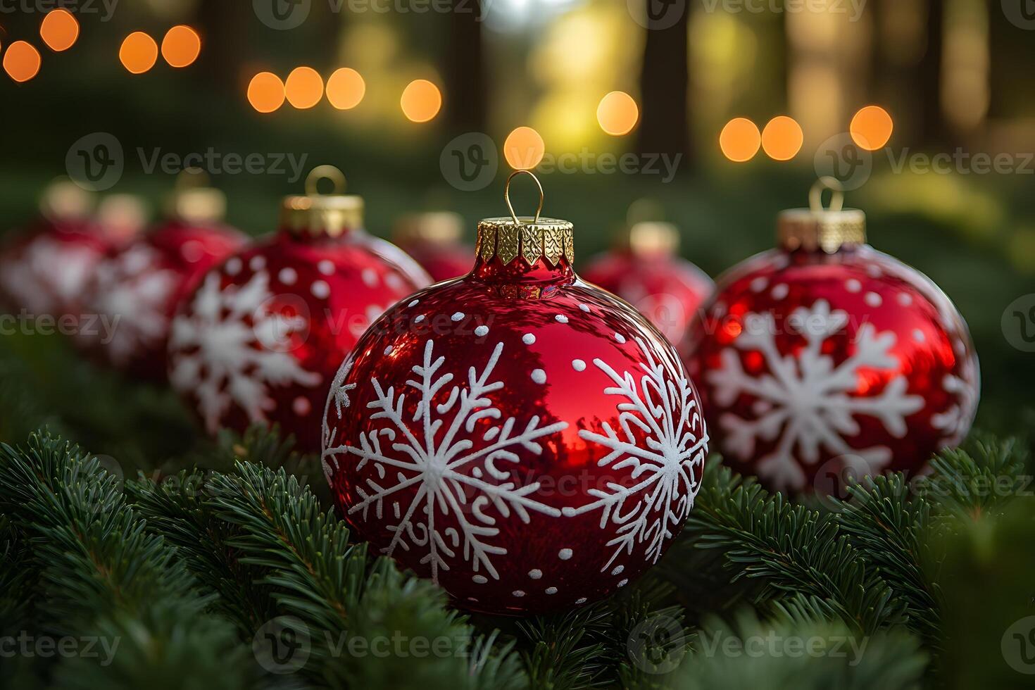 Festive Christmas Ornament Display with Red Snowflake Baubles on Evergreen Branches photo