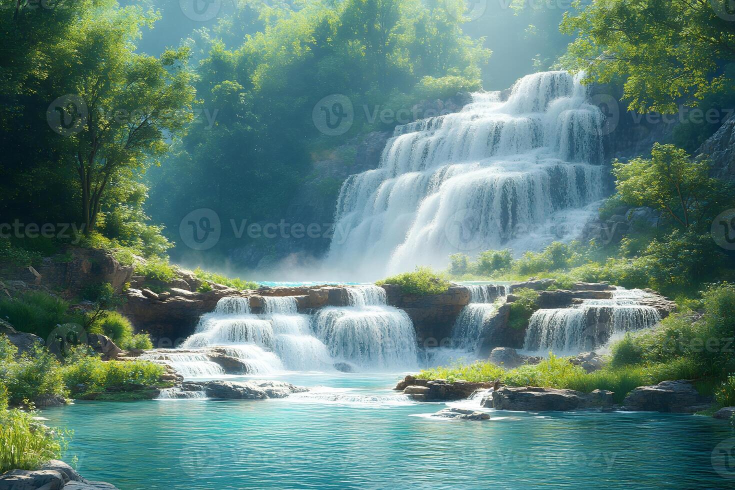 Majestic Waterfall Cascading in Serene Forest Landscape for Nature Relaxation and Inspiration photo