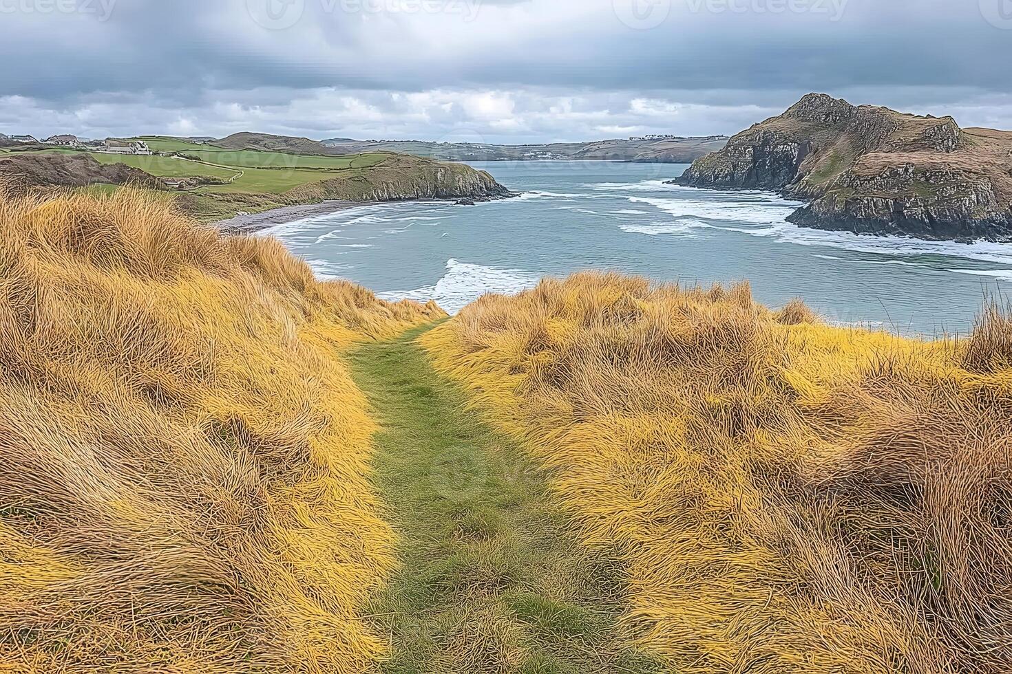 Scenic Coastal Pathway Overlooking Rugged Cliffs and Ocean Waves photo