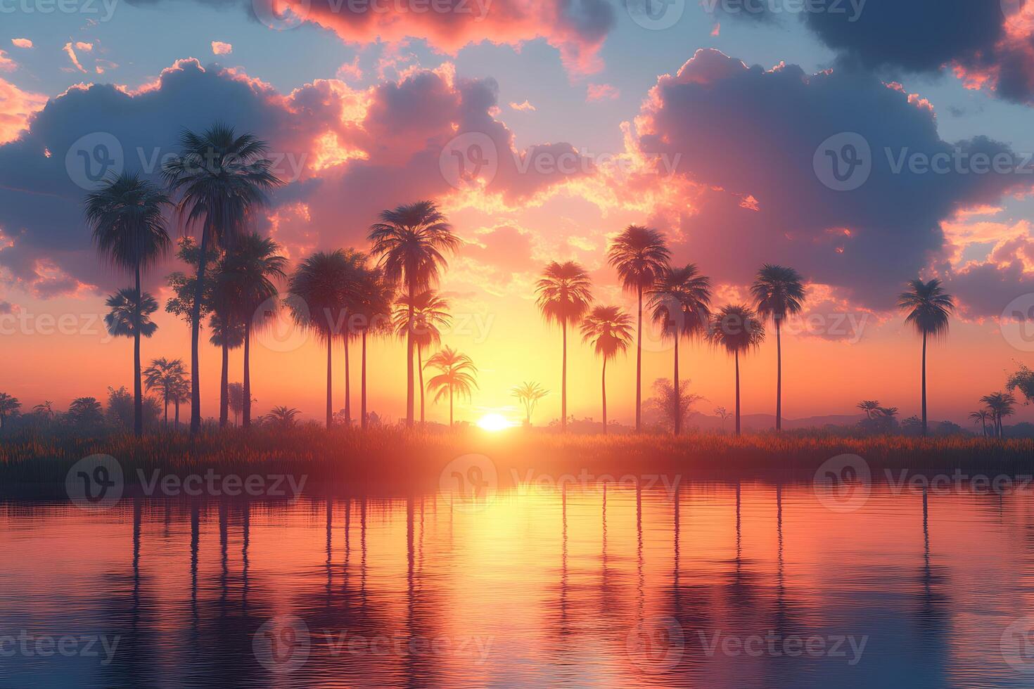 Tranquil Sunset Over Tropical Oasis with Palm Trees and Reflections photo