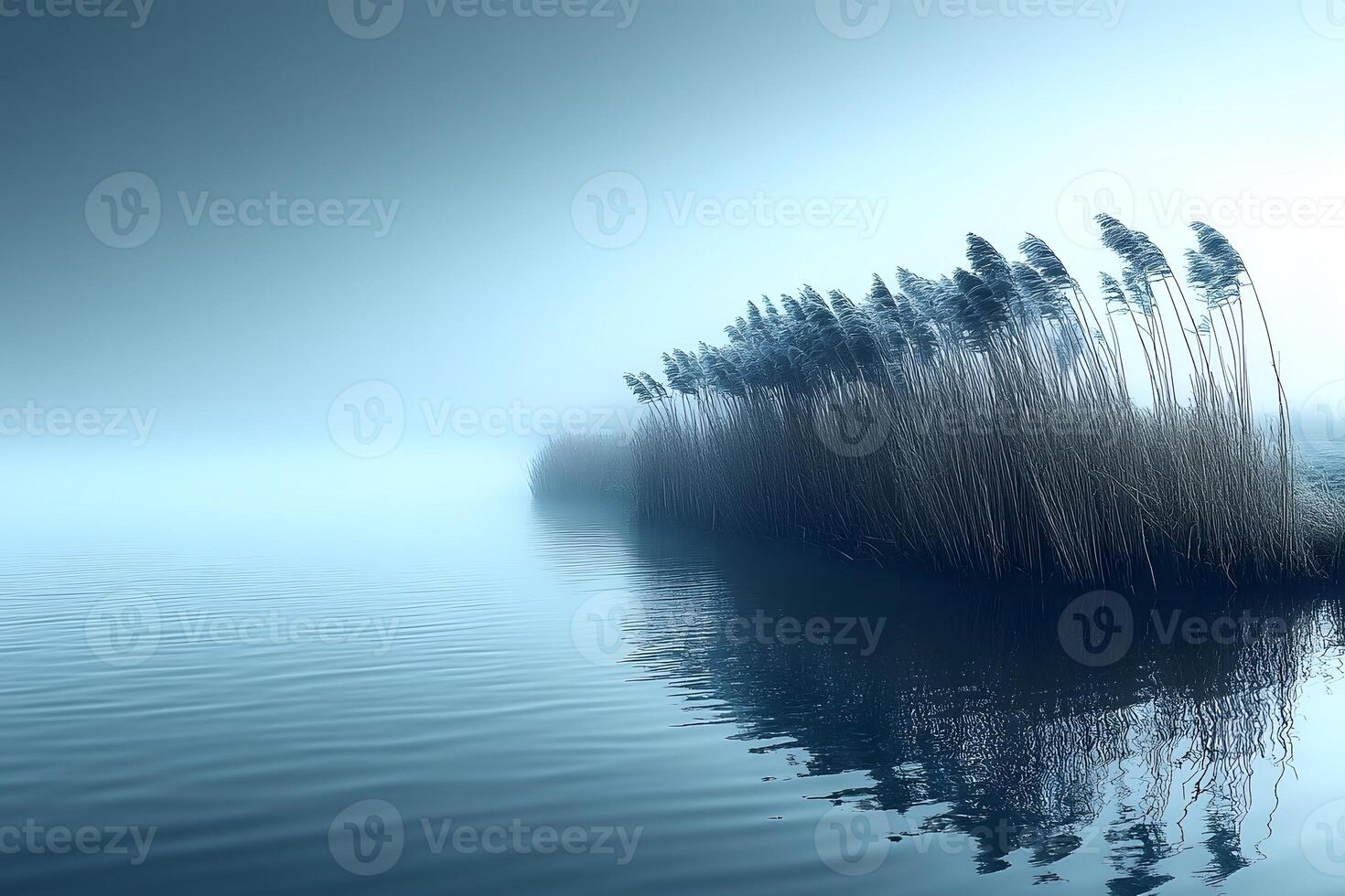 Tranquil Morning Serene Mist Over Water with Whispering Reeds - Perfect for Calm and Nature Designs photo