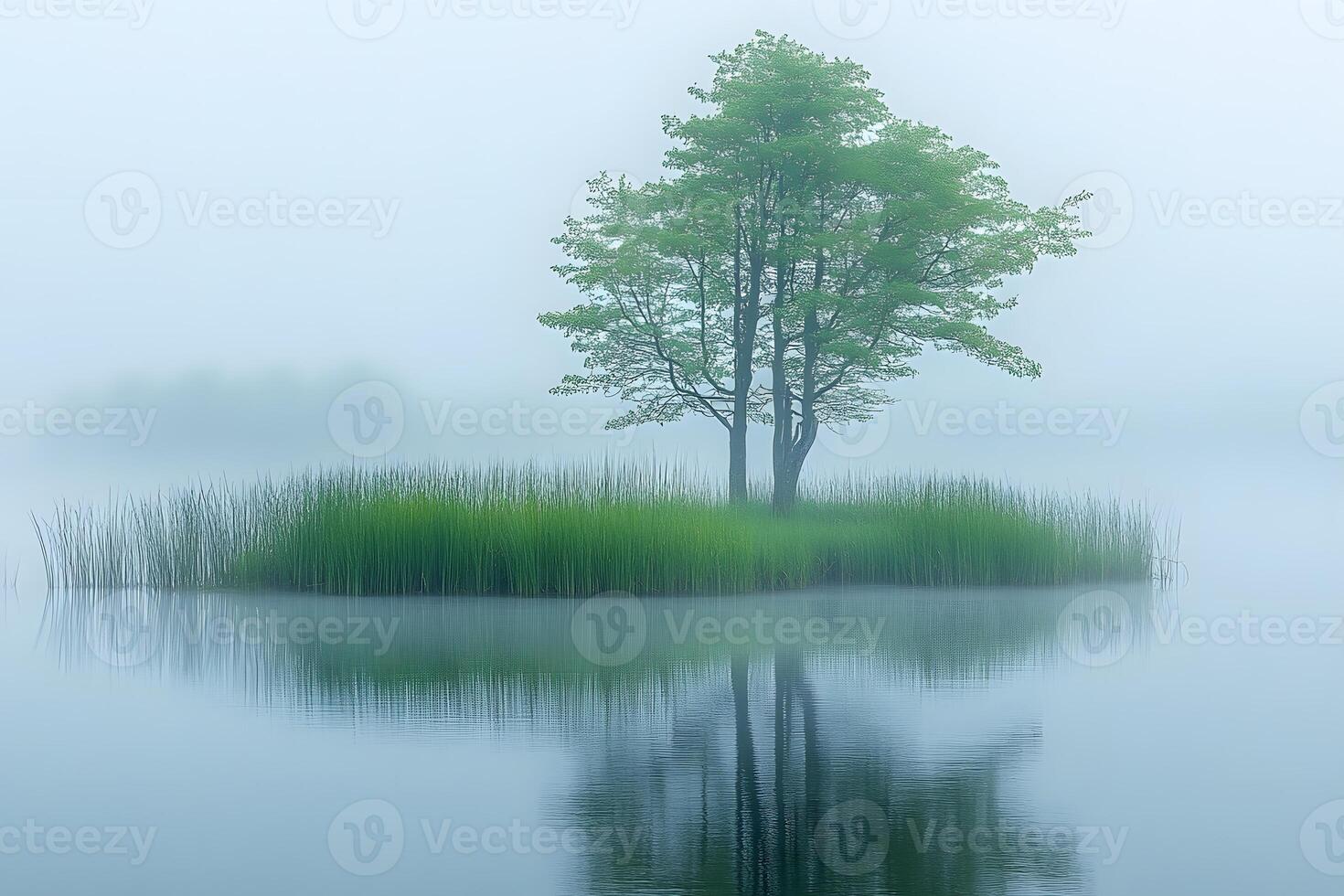 Solitary Tree on Misty Lake Island Reflecting Serenity and Tranquility photo