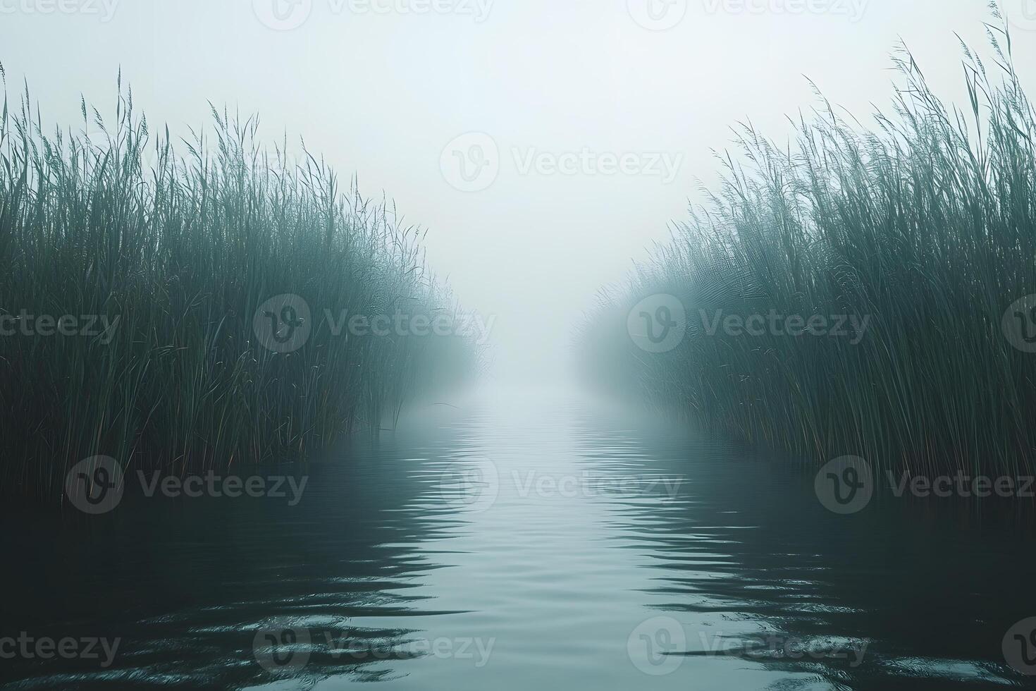 Tranquil Misty River Scene with Tall Reeds for Serene Nature Prints photo
