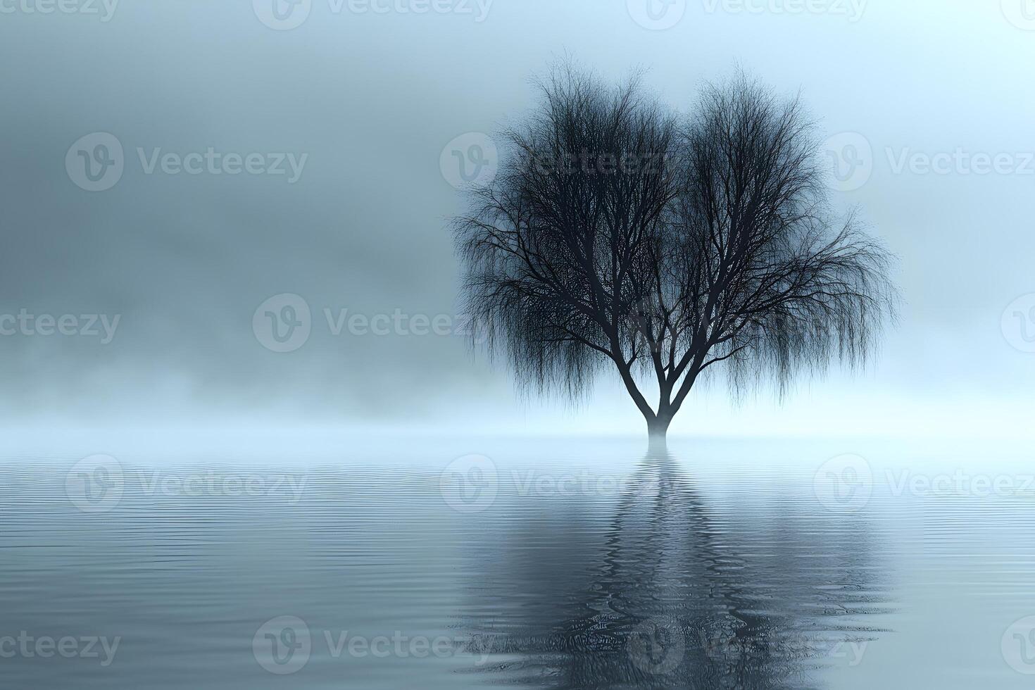 Solitary Tree in Misty Winter Landscape Reflected on Calm Water photo