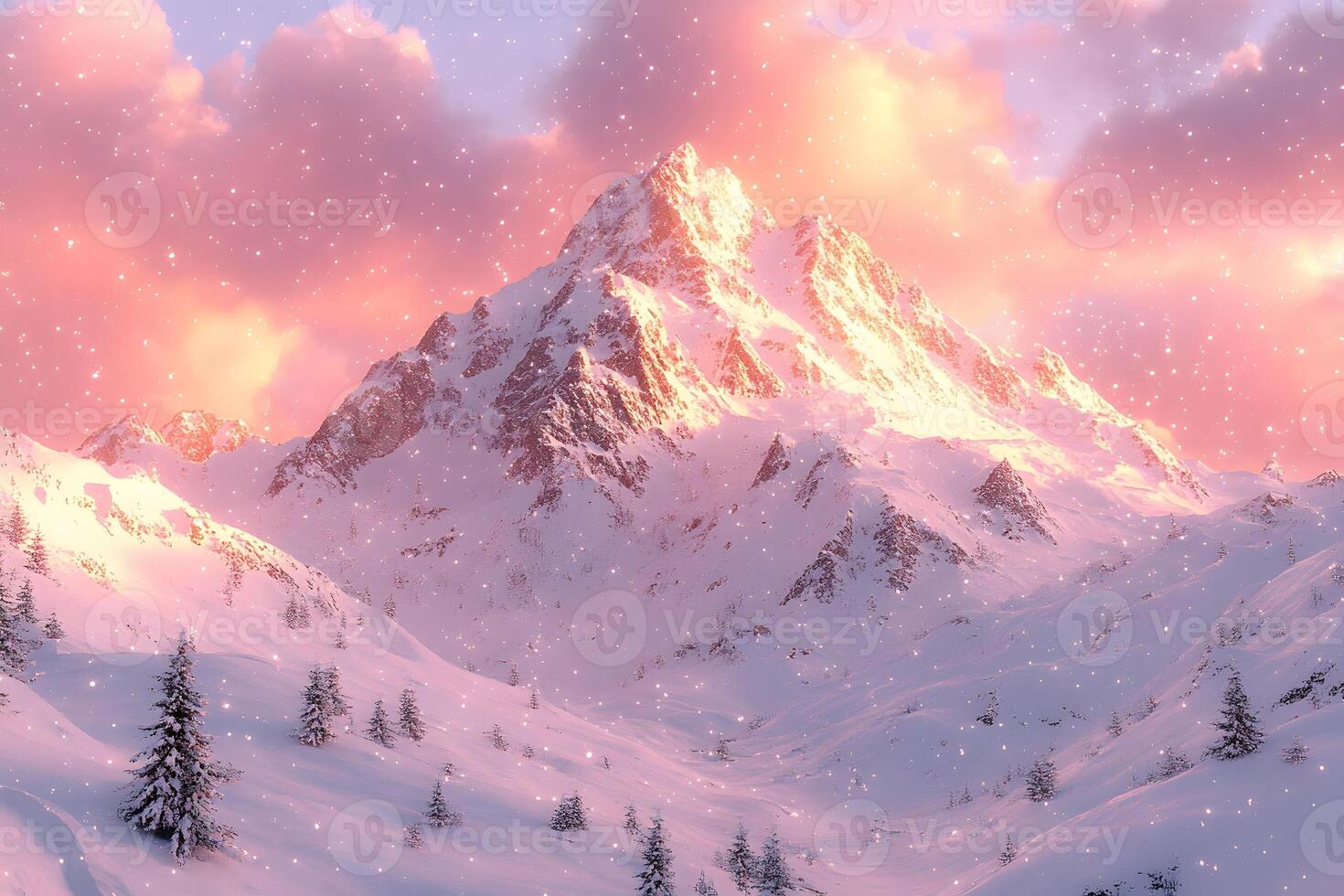 Majestic Snow-Covered Mountain at Sunset with Falling Snowflakes for Winter Landscape Prints photo