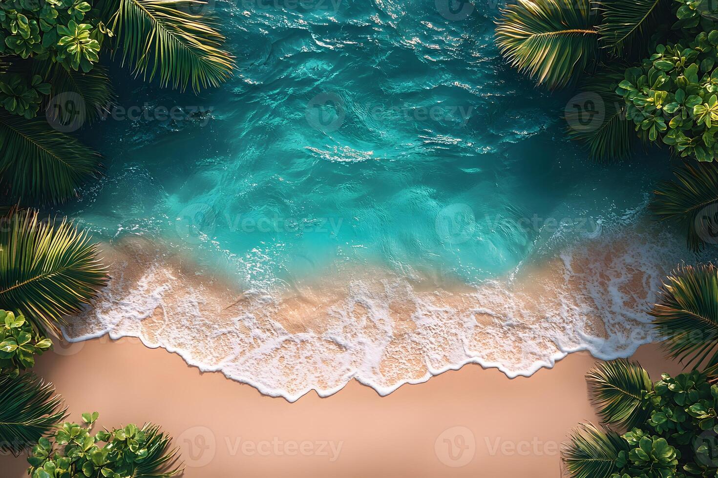 Tranquil Tropical Beach Scene with Palm Trees and Turquoise Waves for Relaxation Themes photo