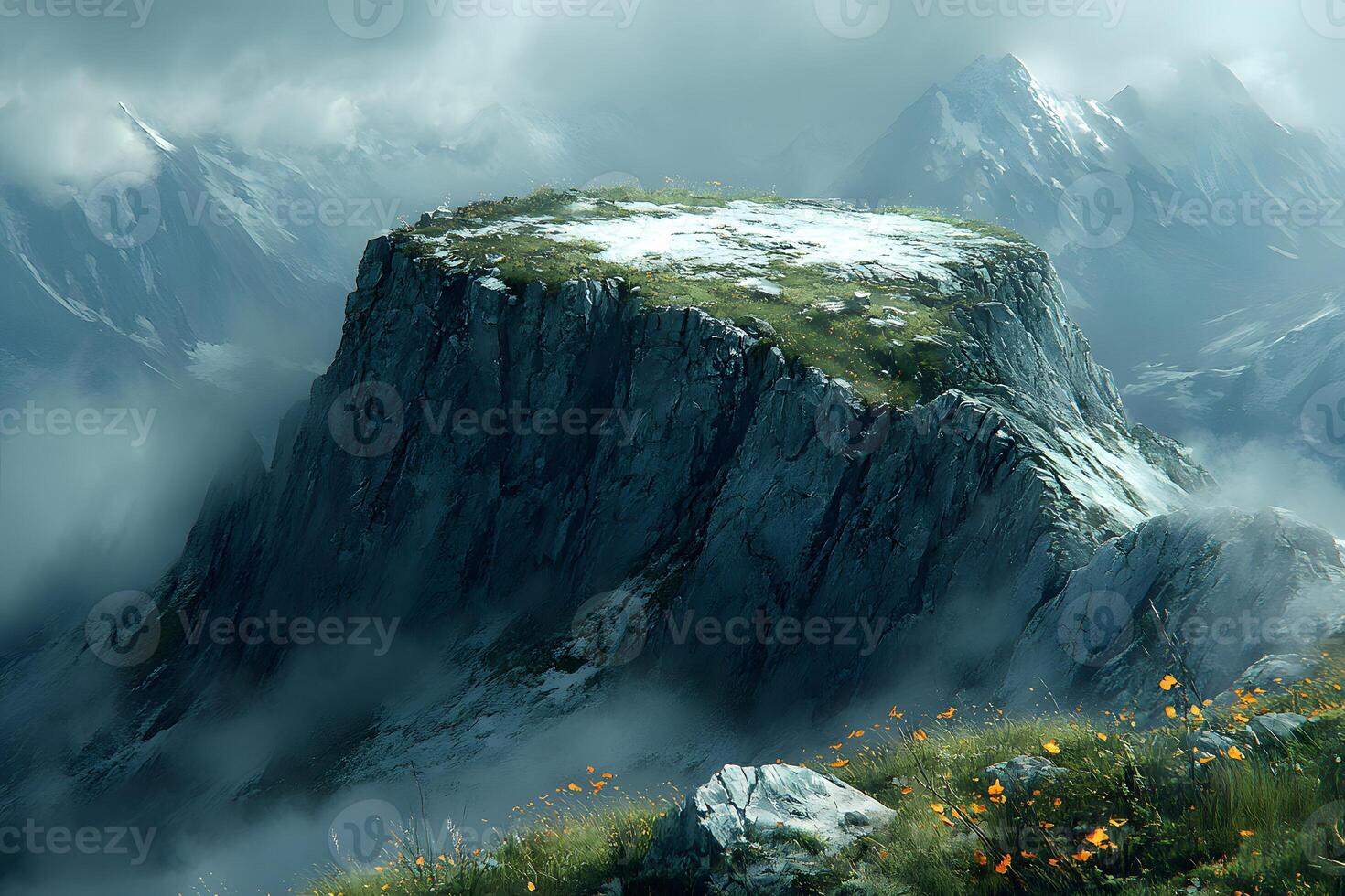 Majestic Mountain Plateau in Misty Alpine Landscape with Wildflowers photo