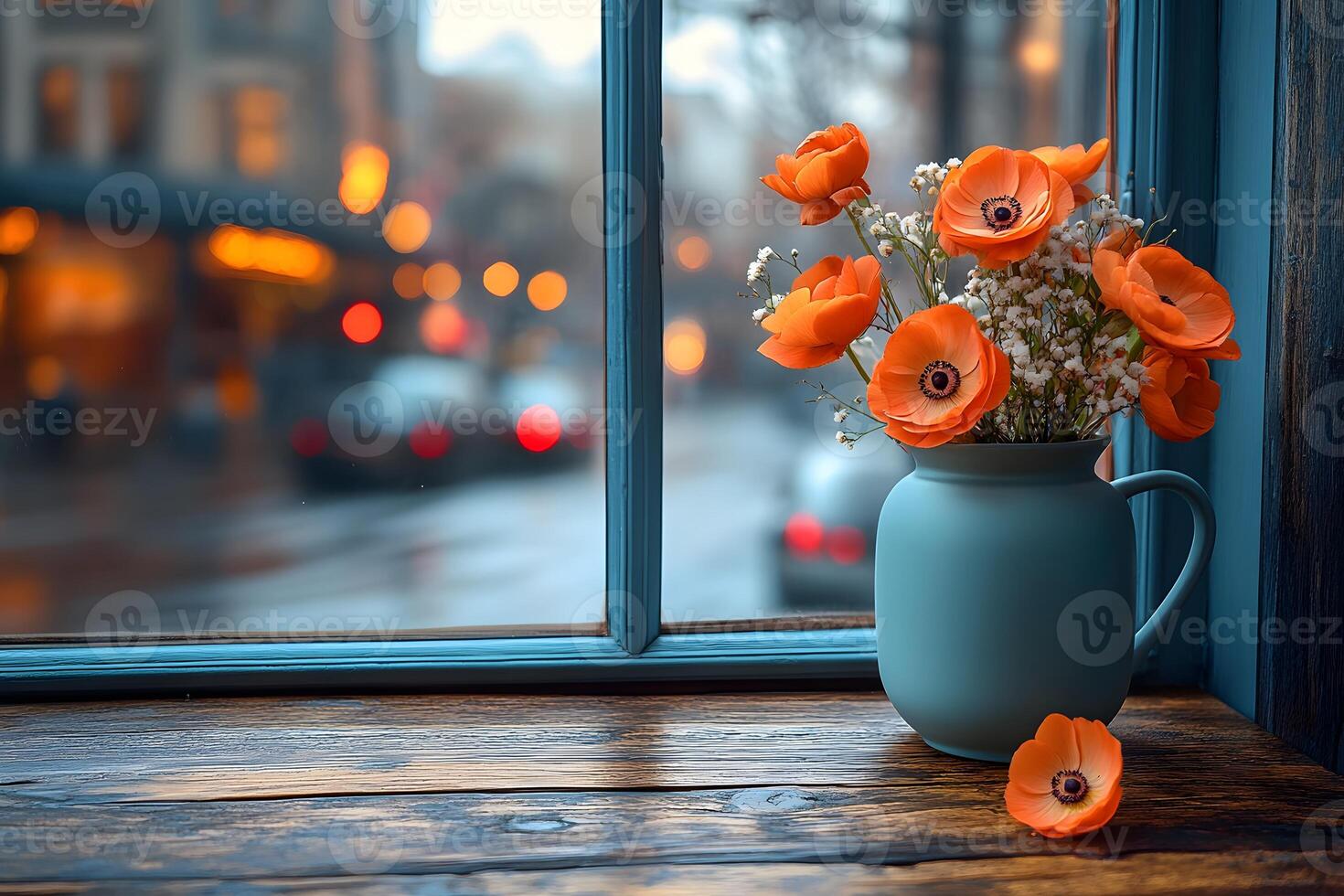 Cozy Autumn Scene Vibrant Orange Flowers in a Blue Vase on Rainy Day photo