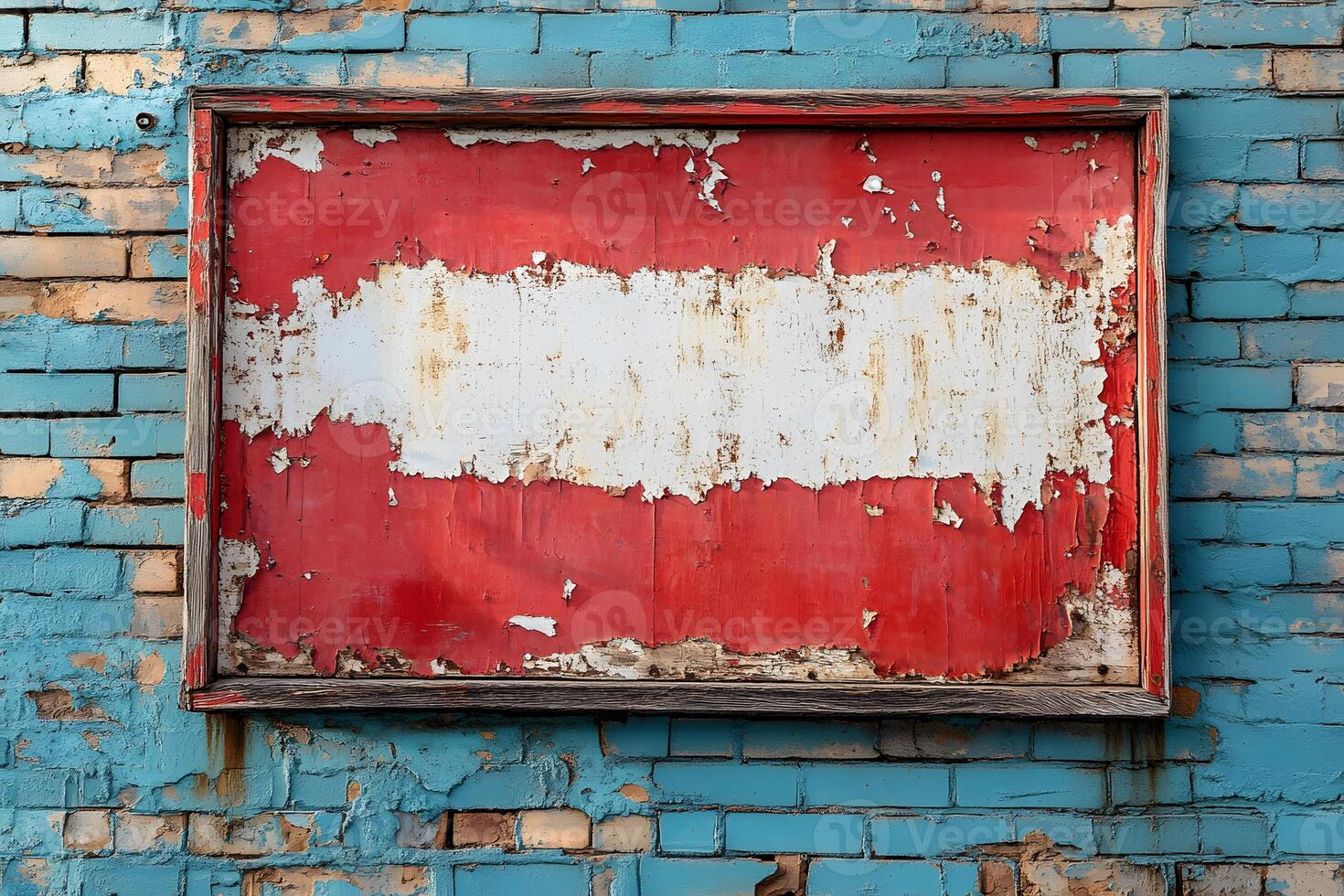 Weathered Rustic Framed Artwork on Colorful Brick Wall for Urban Decor photo
