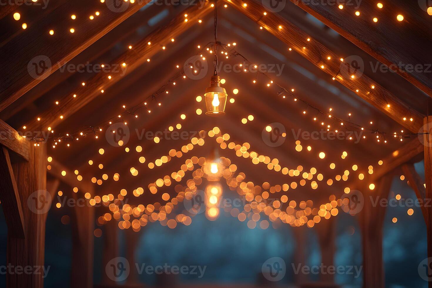 Warm Festive Glow Under Rustic Wooden Pavilion with String Lights photo