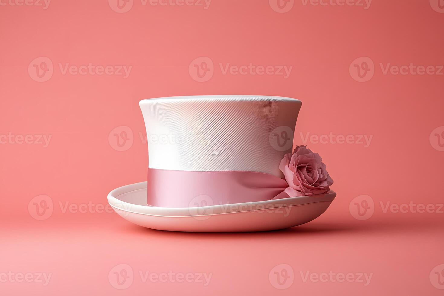 Elegant White Top Hat with Pink Rose Decoration on Coral Background for Fashion or Event Design photo
