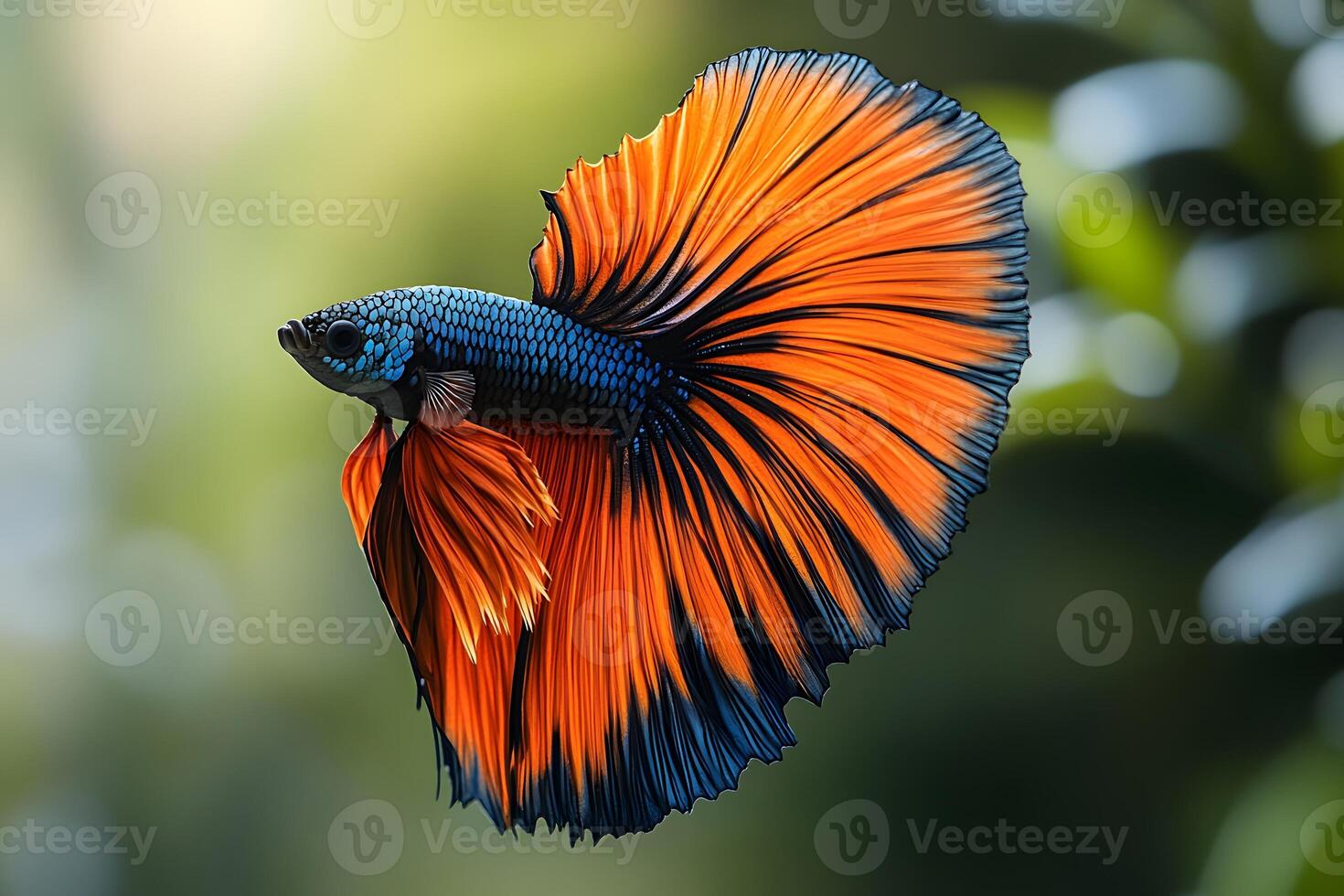 Vibrant Betta Fish with Orange and Blue Fins in Aquatic Setting photo
