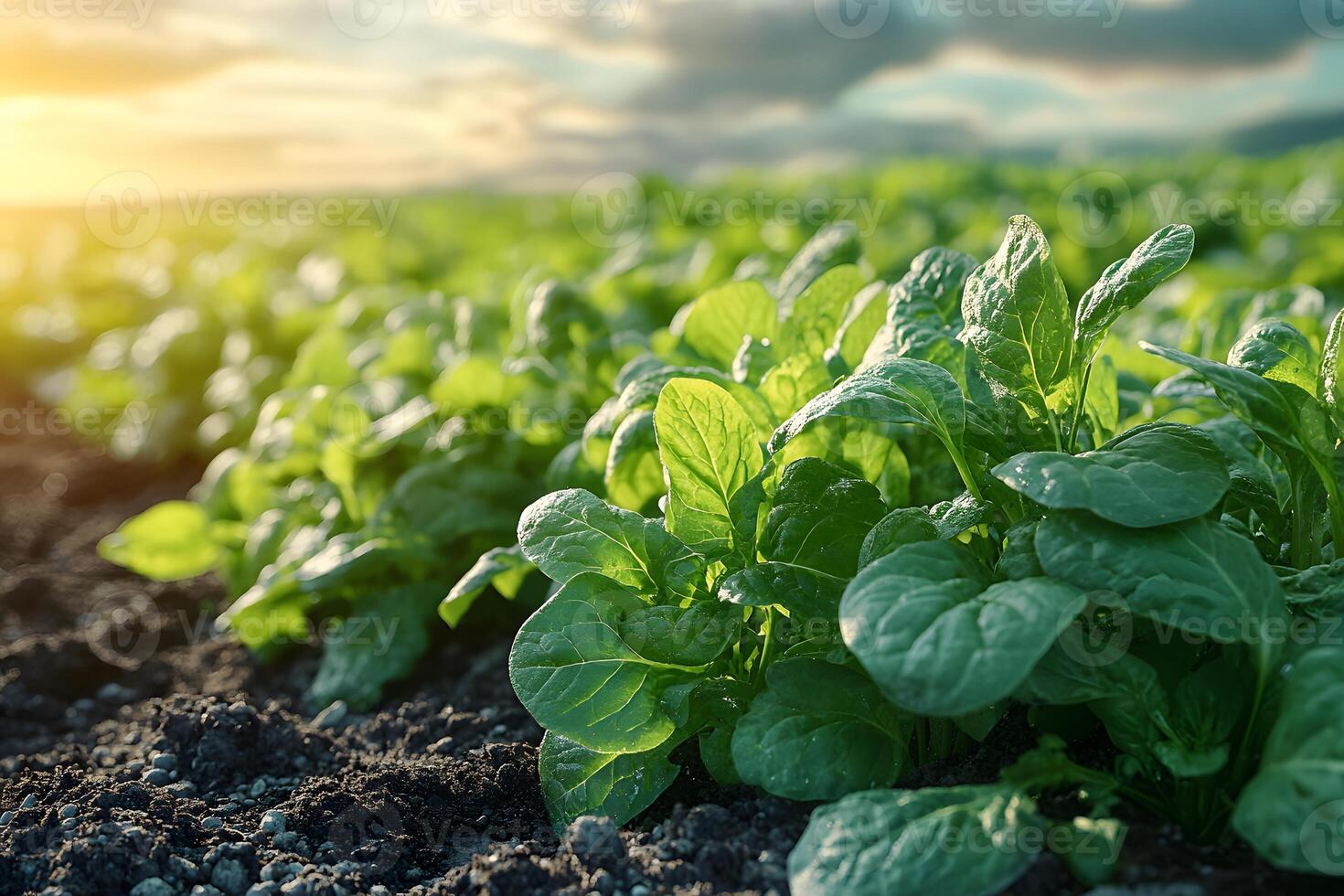 Sunlit Spinach Field in Early Morning Light for Agricultural Use photo