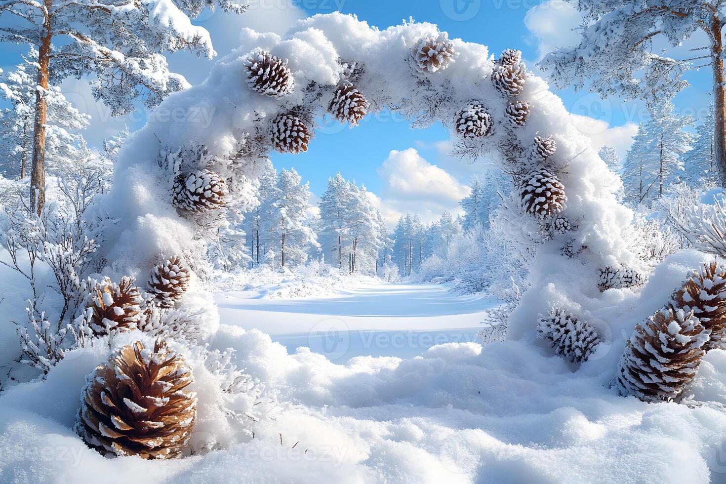 Winter Wonderland Arch of Snowy Pinecones in Scenic Forest for Holiday Decor photo