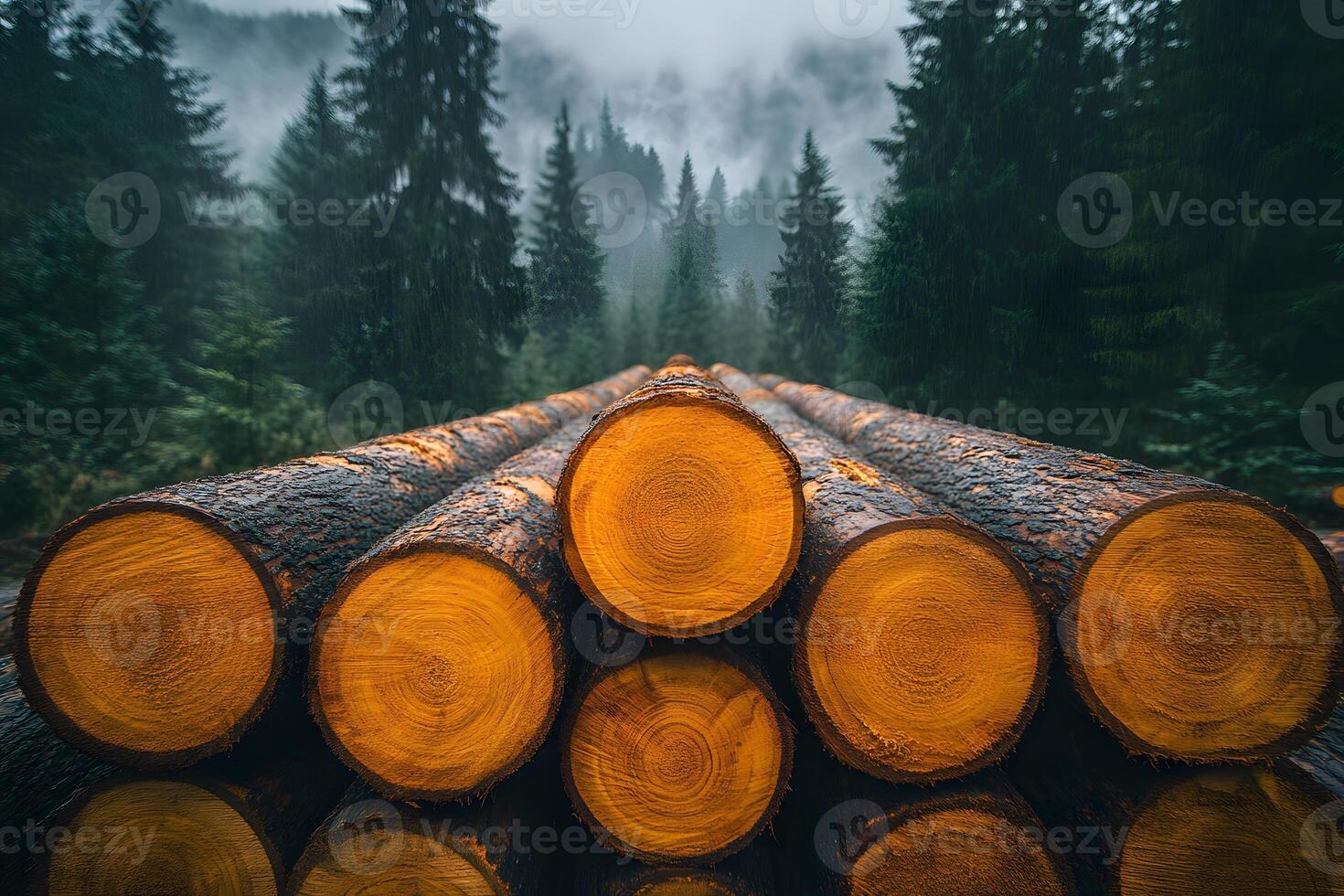 Forest Logging Scene Sustainable Timber Harvesting in Misty Mountains photo