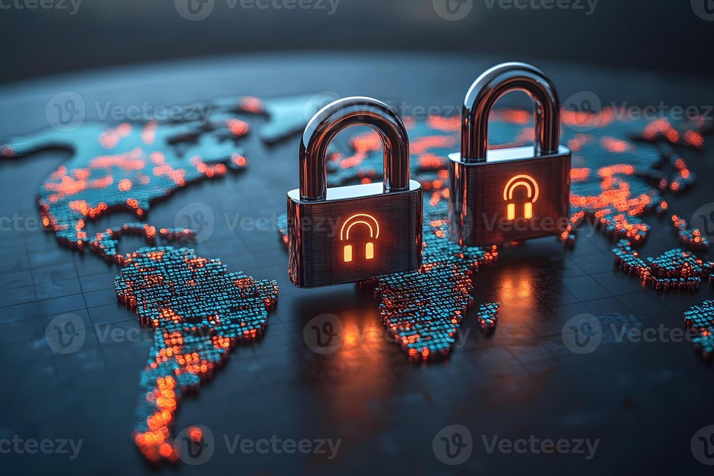 Global Cybersecurity Concept with Digital Locks on World Map for Secure Data photo