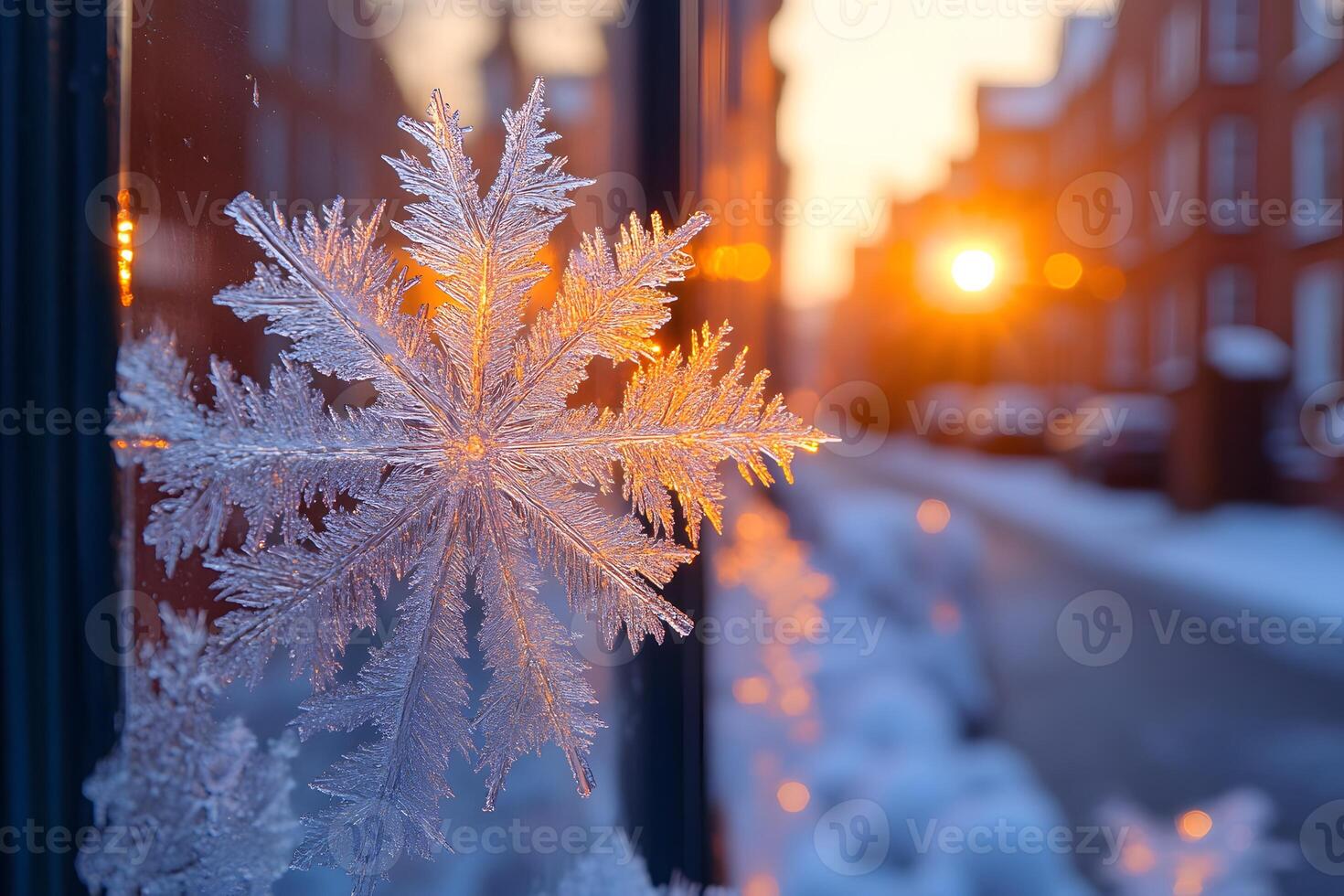 Winter Sunrise with Frosty Snowflake on Window in Urban Neighborhood photo