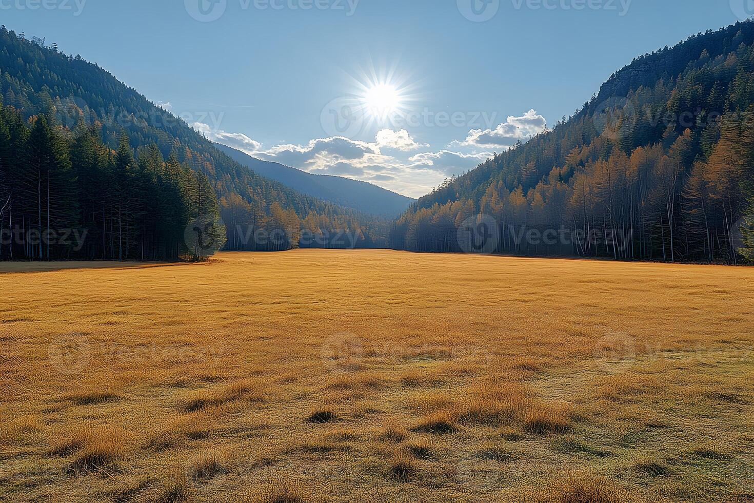 Autumn Sunrise Over Tranquil Valley Meadow in Scenic Mountain Landscape photo