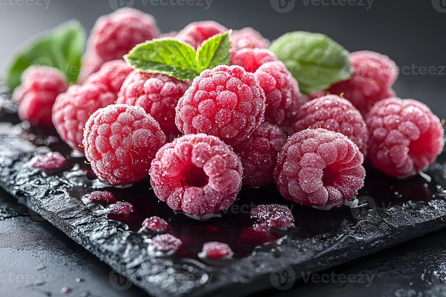 Fresh Frozen Raspberries with Mint Leaves on Slate Ideal for Healthy Food Design and Posters photo