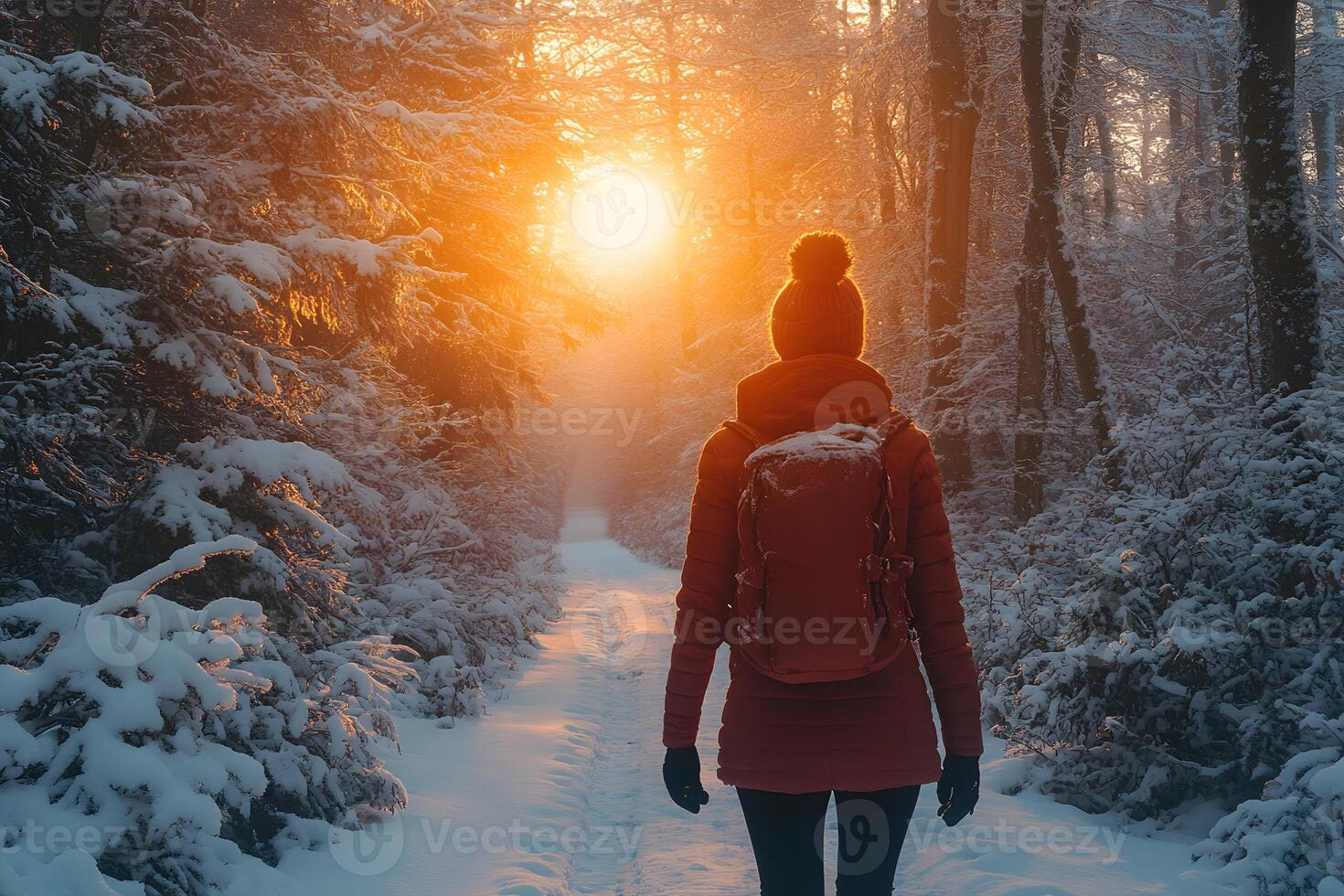Winter Adventure Solo Hiker Explores Snowy Forest Trail at Sunrise photo