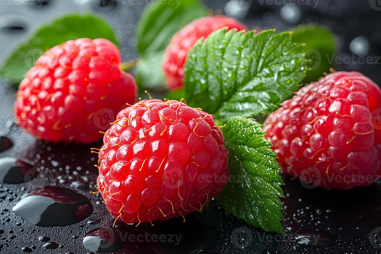 Fresh Raspberries with Dew Drops on Black Surface for Food Photography photo