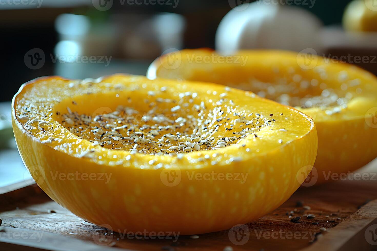Nutritious Roasted Pumpkin Halves Featuring Seed Sprinkles for Autumn Cooking photo