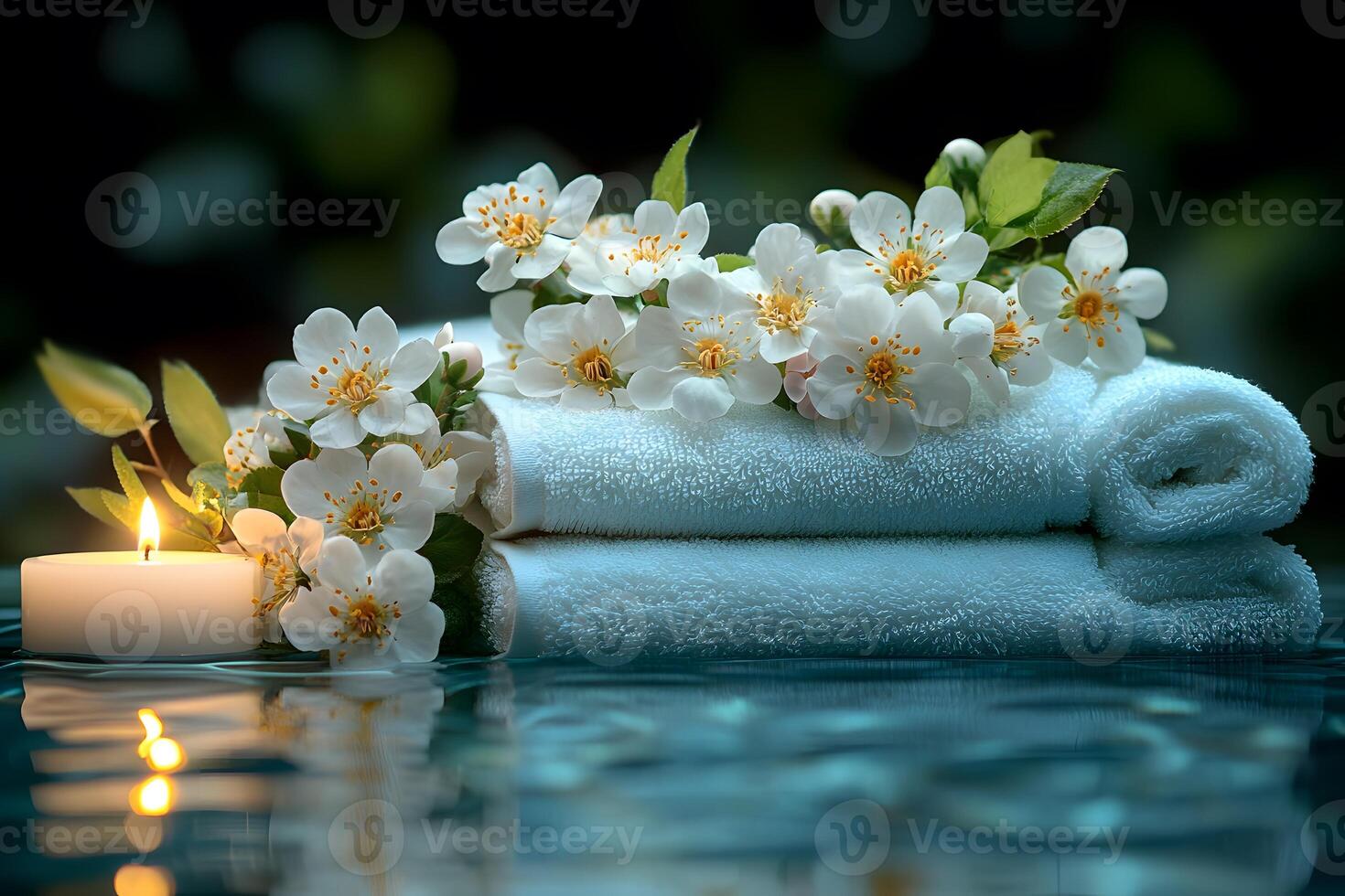 Tranquil Spa Setting with White Flowers, Towels, and Candle for Relaxation and Wellness photo