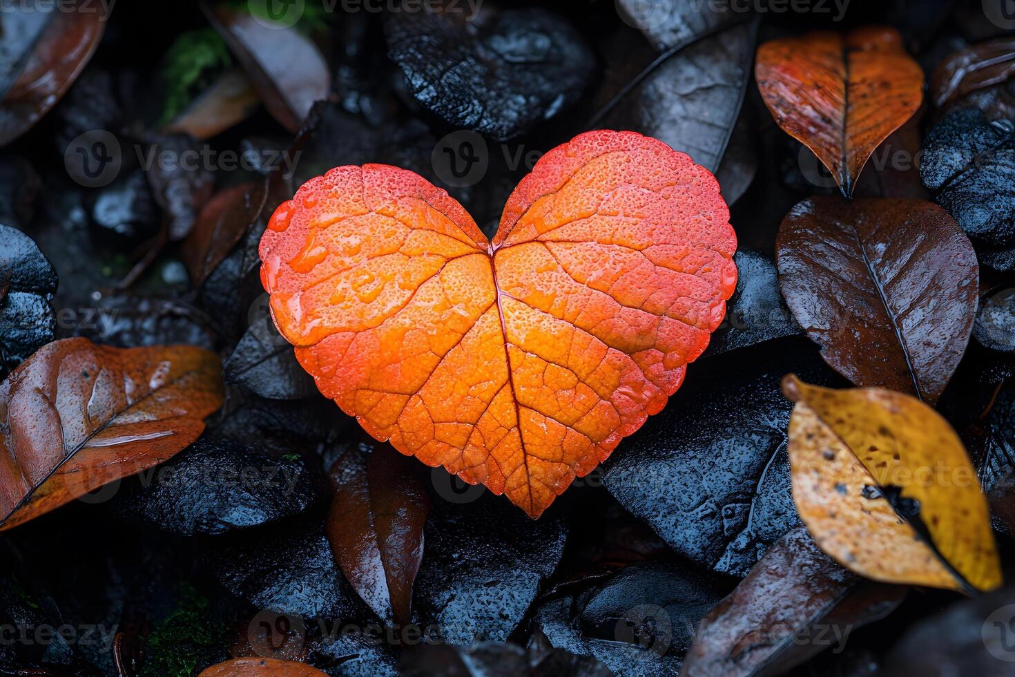 Heart-Shaped Autumn Leaf on Wet Dark Foliage - Nature's Art and Seasonal Change photo