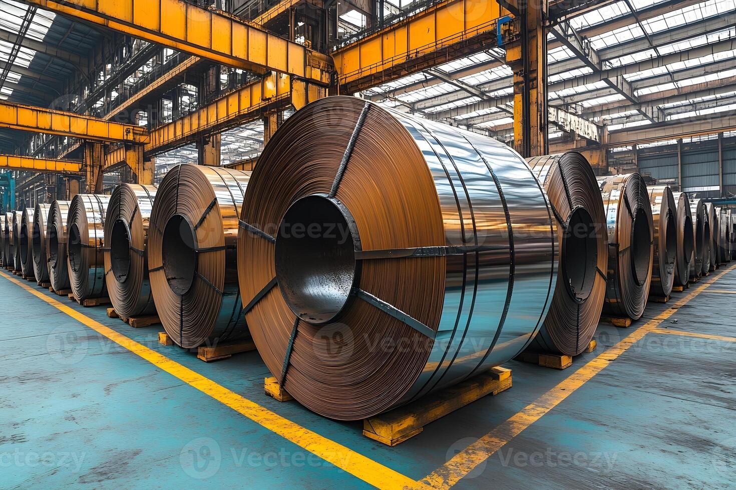 Industrial Steel Coils in Factory Warehouse for Manufacturing and Construction photo