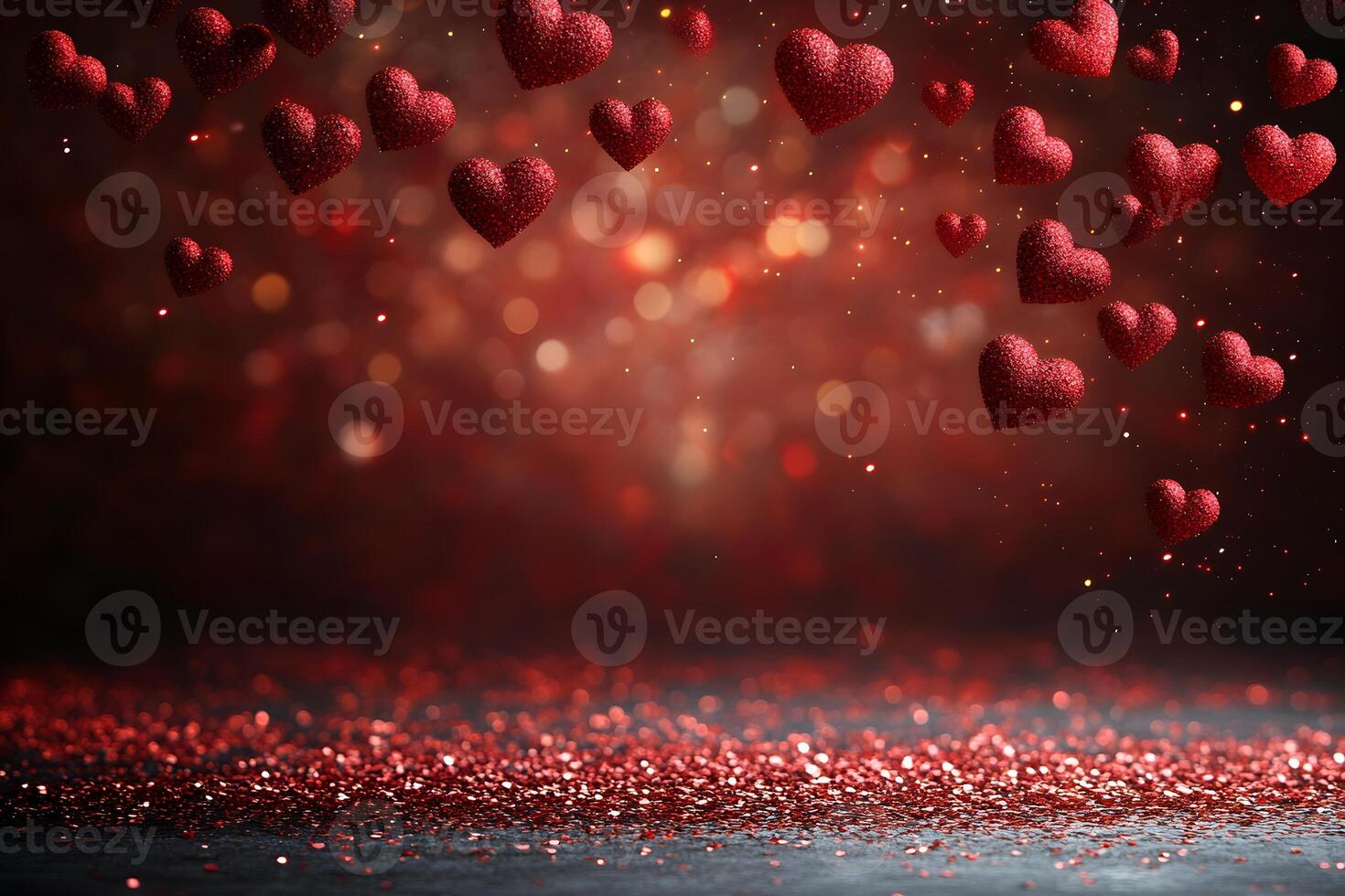 Romantic Glittering Red Hearts on Sparkling Background for Valentine's Day Design photo