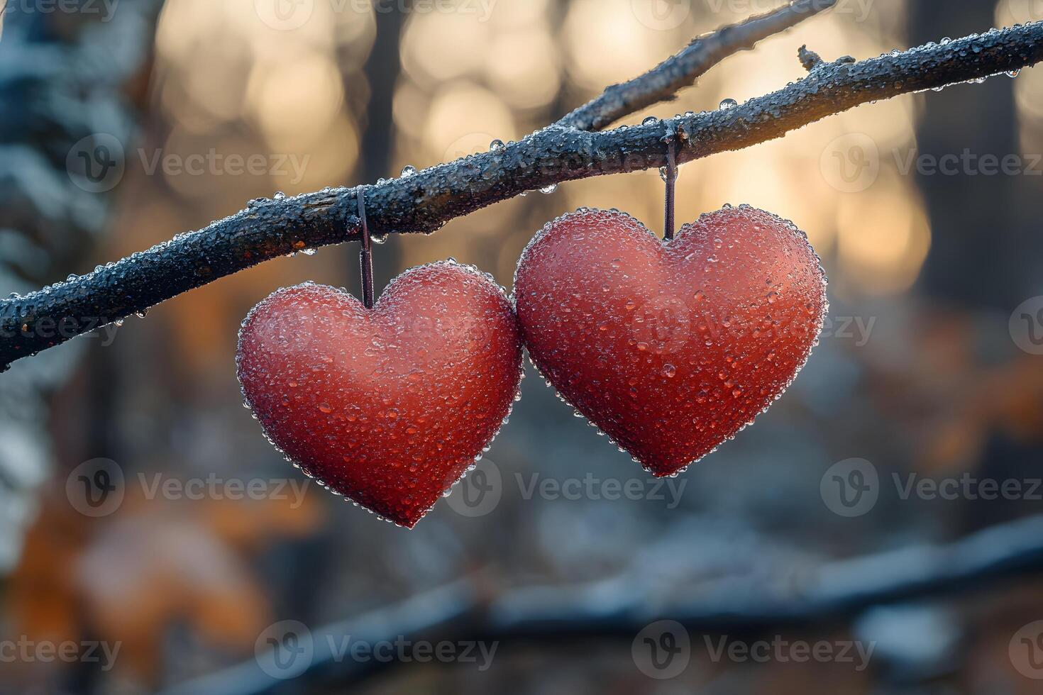 Winter Romance Heart-Shaped Frosted Ornaments on Branch for Holiday Decor photo