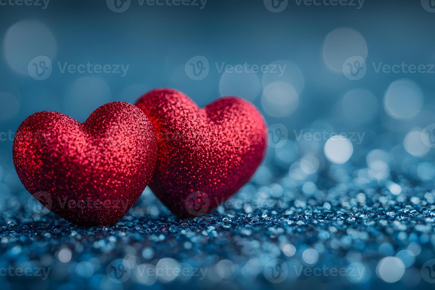 Romantic Glittering Hearts on Blue Bokeh Background for Valentine's Day Art Design photo